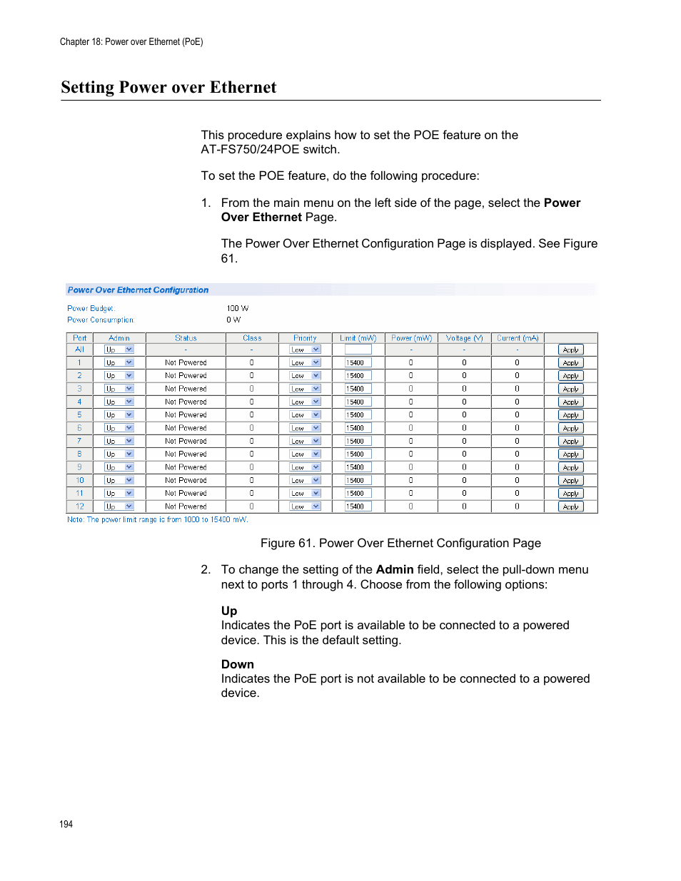 Setting power over ethernet | Allied Telesis AT-S105 User Manual | Page 194 / 234