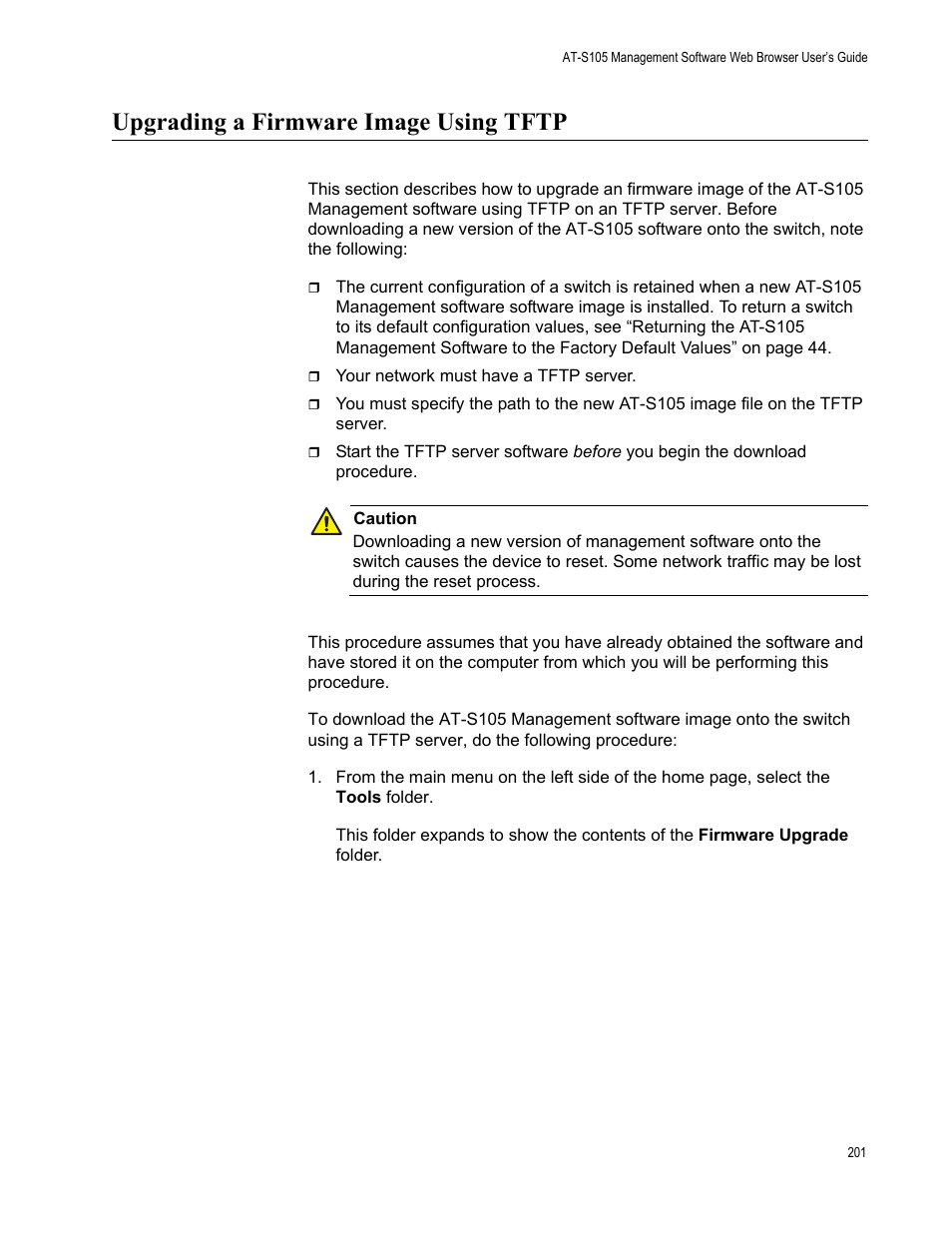 Upgrading a firmware image using tftp | Allied Telesis AT-S105 User Manual | Page 201 / 234