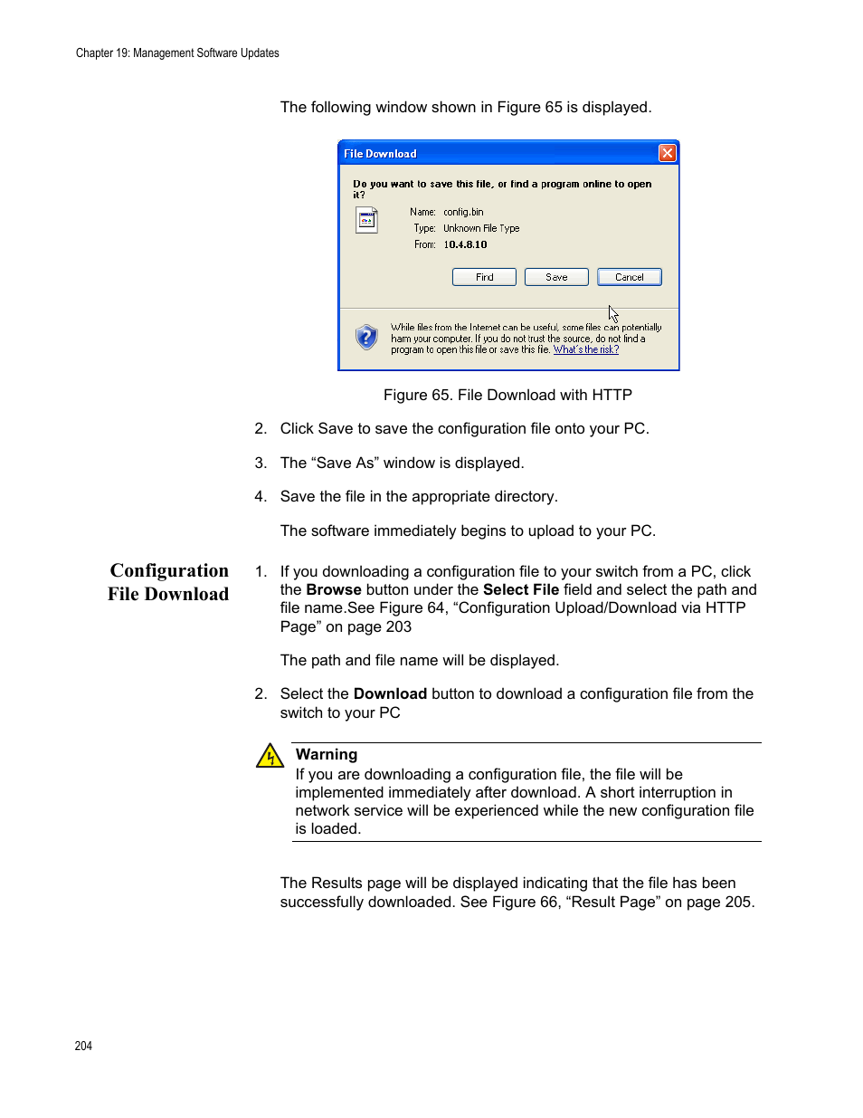 Configuration file download, Figure 65. file download with http | Allied Telesis AT-S105 User Manual | Page 204 / 234