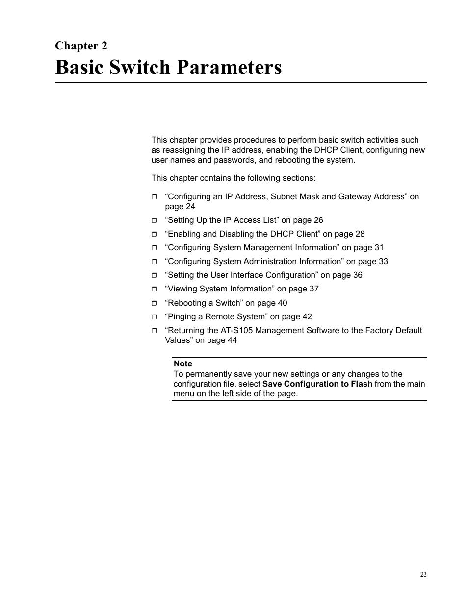Chapter 2, Basic switch parameters, Chapter 2: basic switch parameters | Allied Telesis AT-S105 User Manual | Page 23 / 234