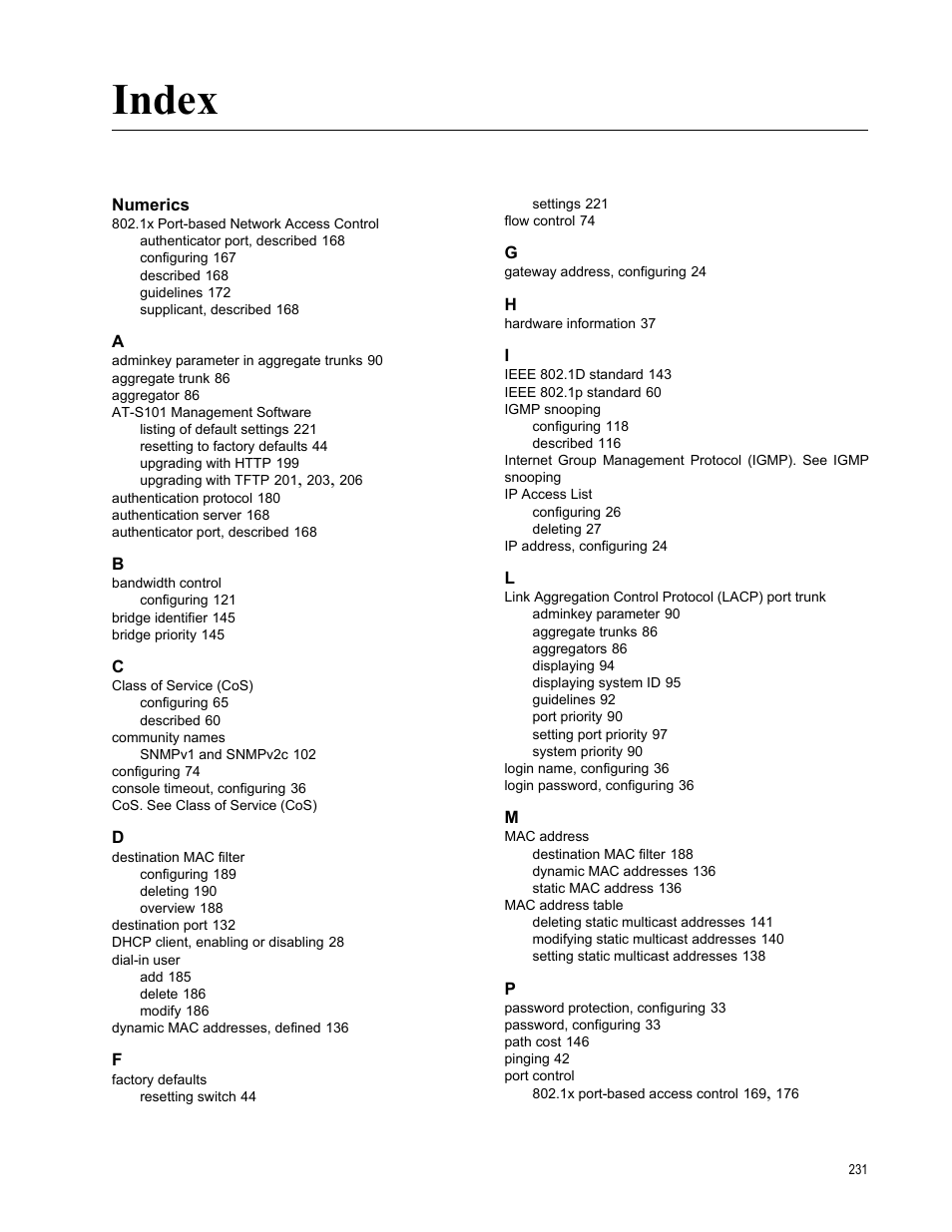 Index, Numerics | Allied Telesis AT-S105 User Manual | Page 231 / 234