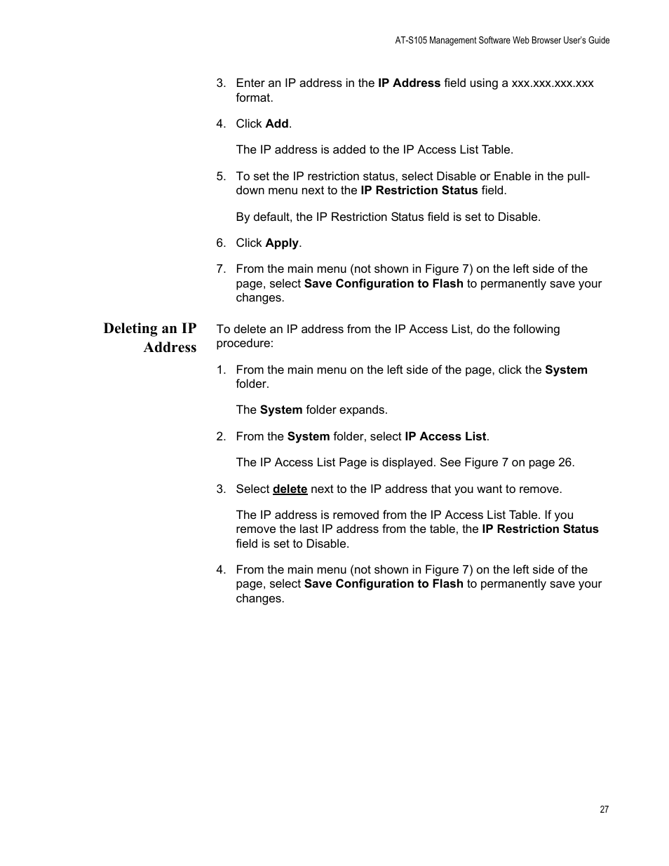 Deleting an ip address | Allied Telesis AT-S105 User Manual | Page 27 / 234