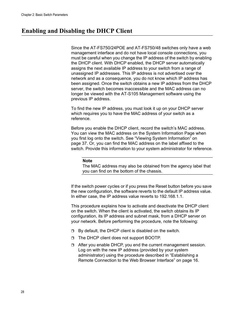 Enabling and disabling the dhcp client | Allied Telesis AT-S105 User Manual | Page 28 / 234