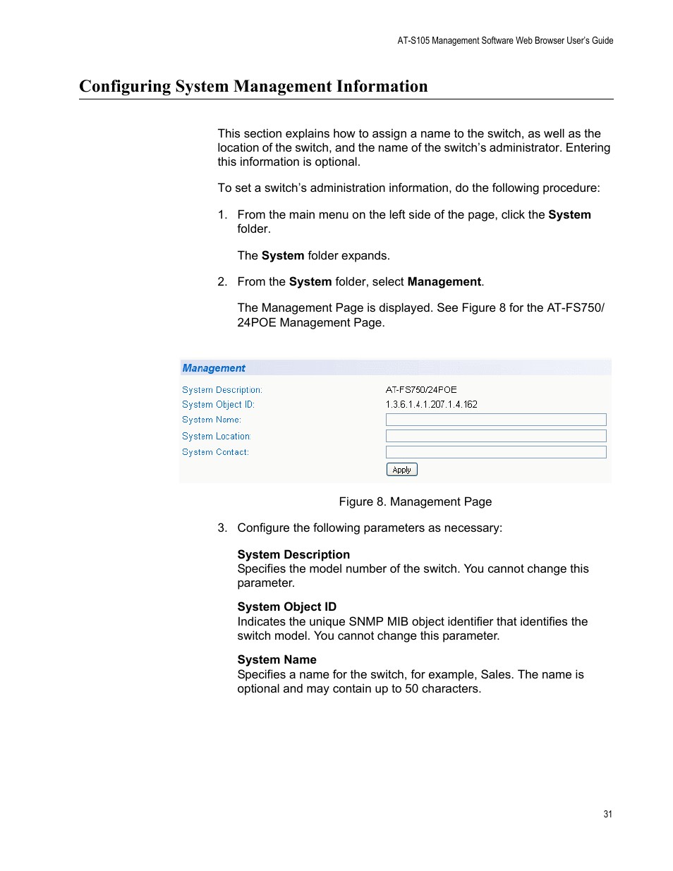 Configuring system management information | Allied Telesis AT-S105 User Manual | Page 31 / 234