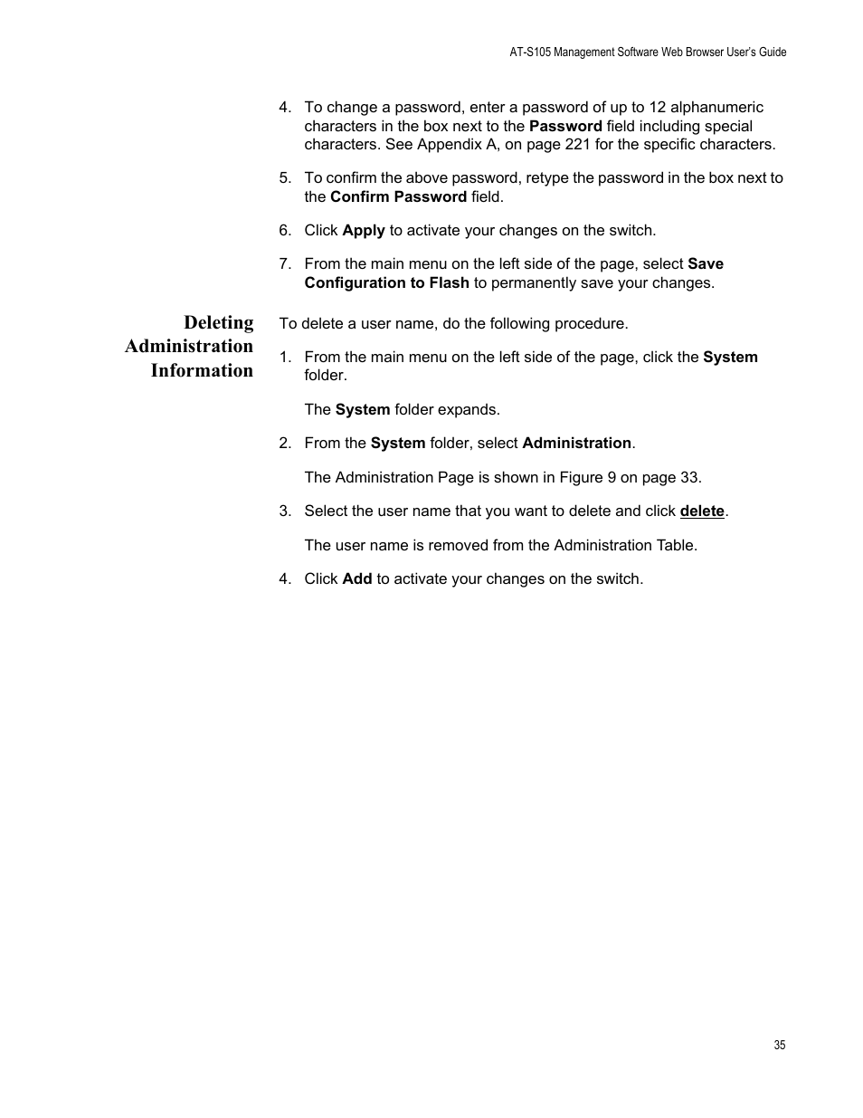 Deleting administration information | Allied Telesis AT-S105 User Manual | Page 35 / 234