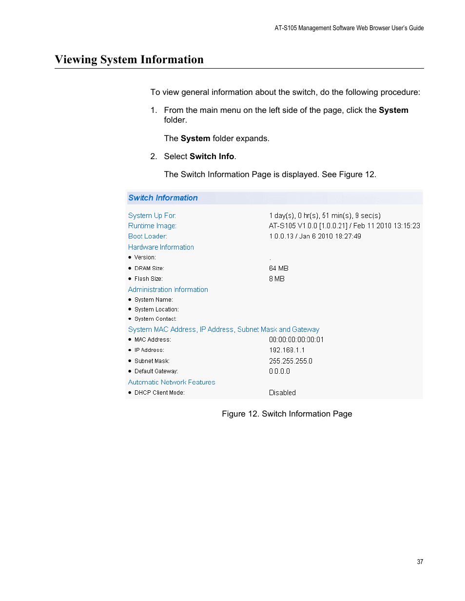 Viewing system information | Allied Telesis AT-S105 User Manual | Page 37 / 234