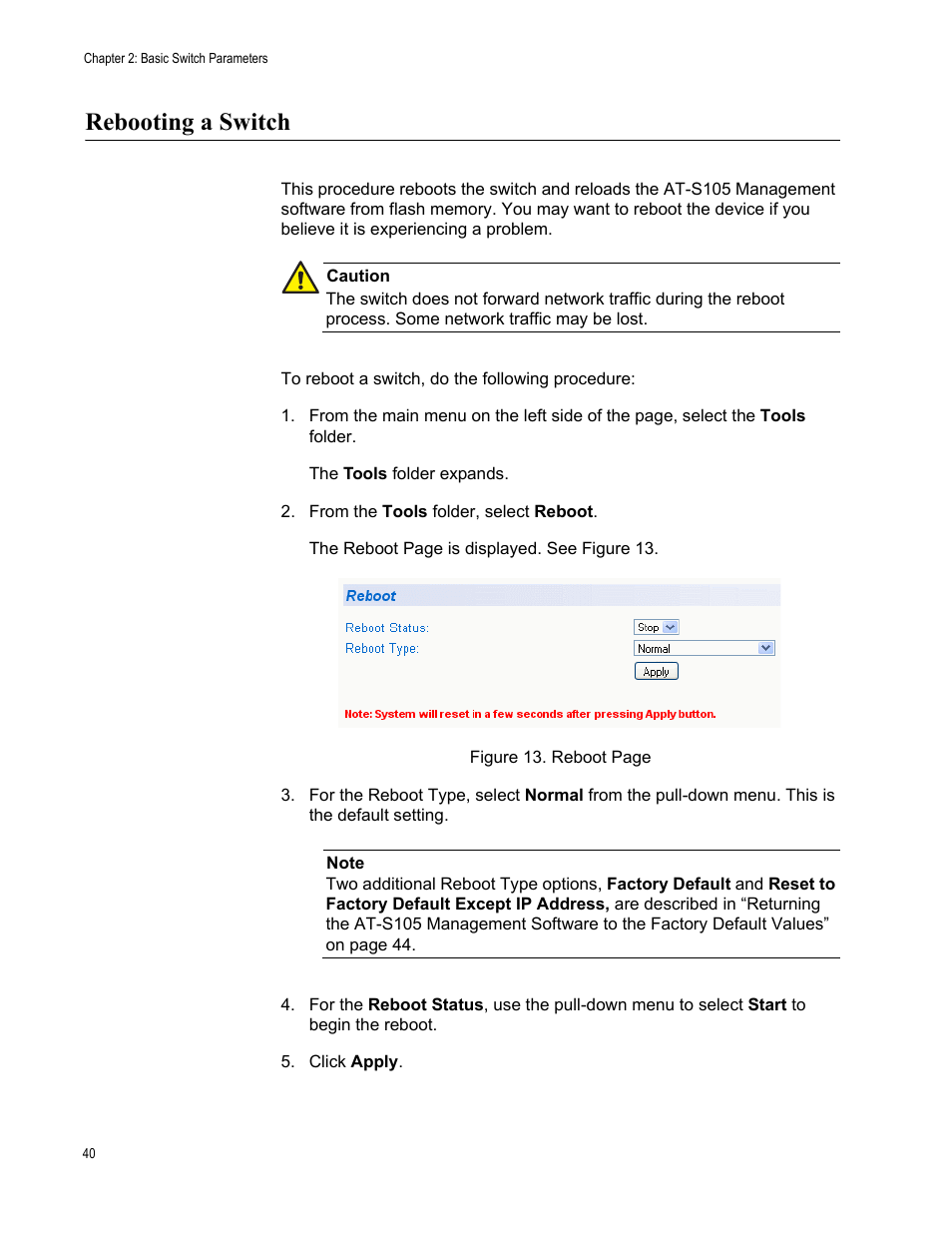 Rebooting a switch | Allied Telesis AT-S105 User Manual | Page 40 / 234