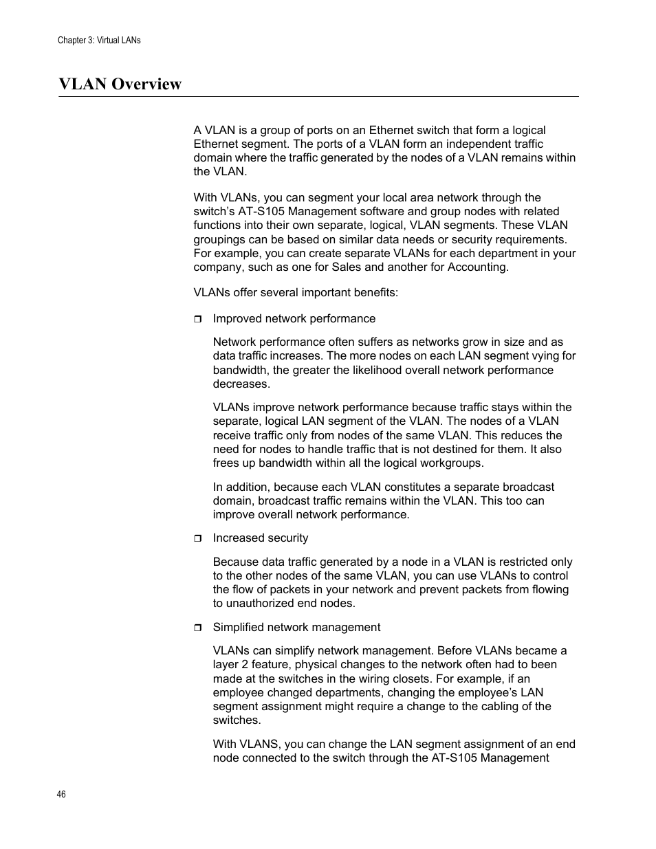 Vlan overview | Allied Telesis AT-S105 User Manual | Page 46 / 234