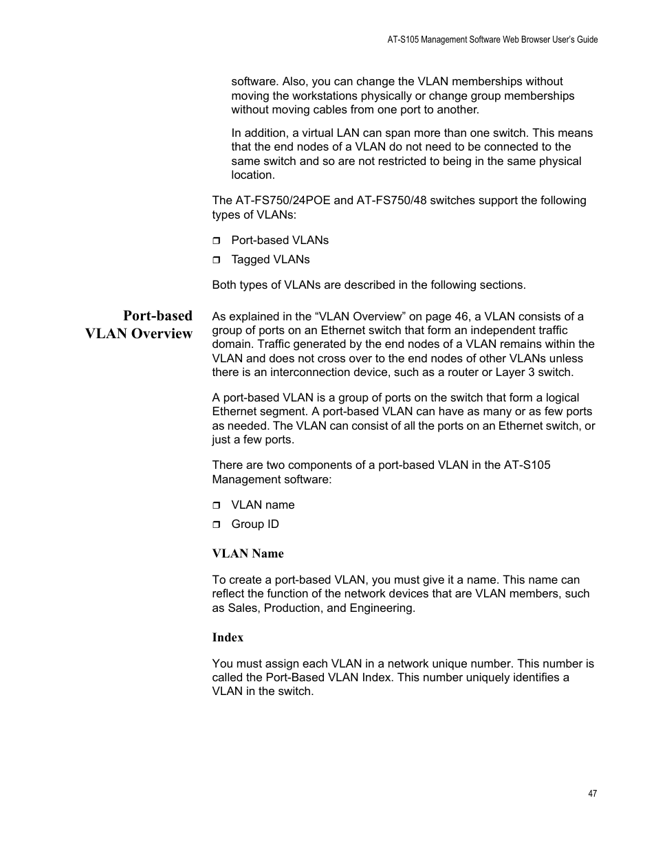 Port-based vlan overview | Allied Telesis AT-S105 User Manual | Page 47 / 234