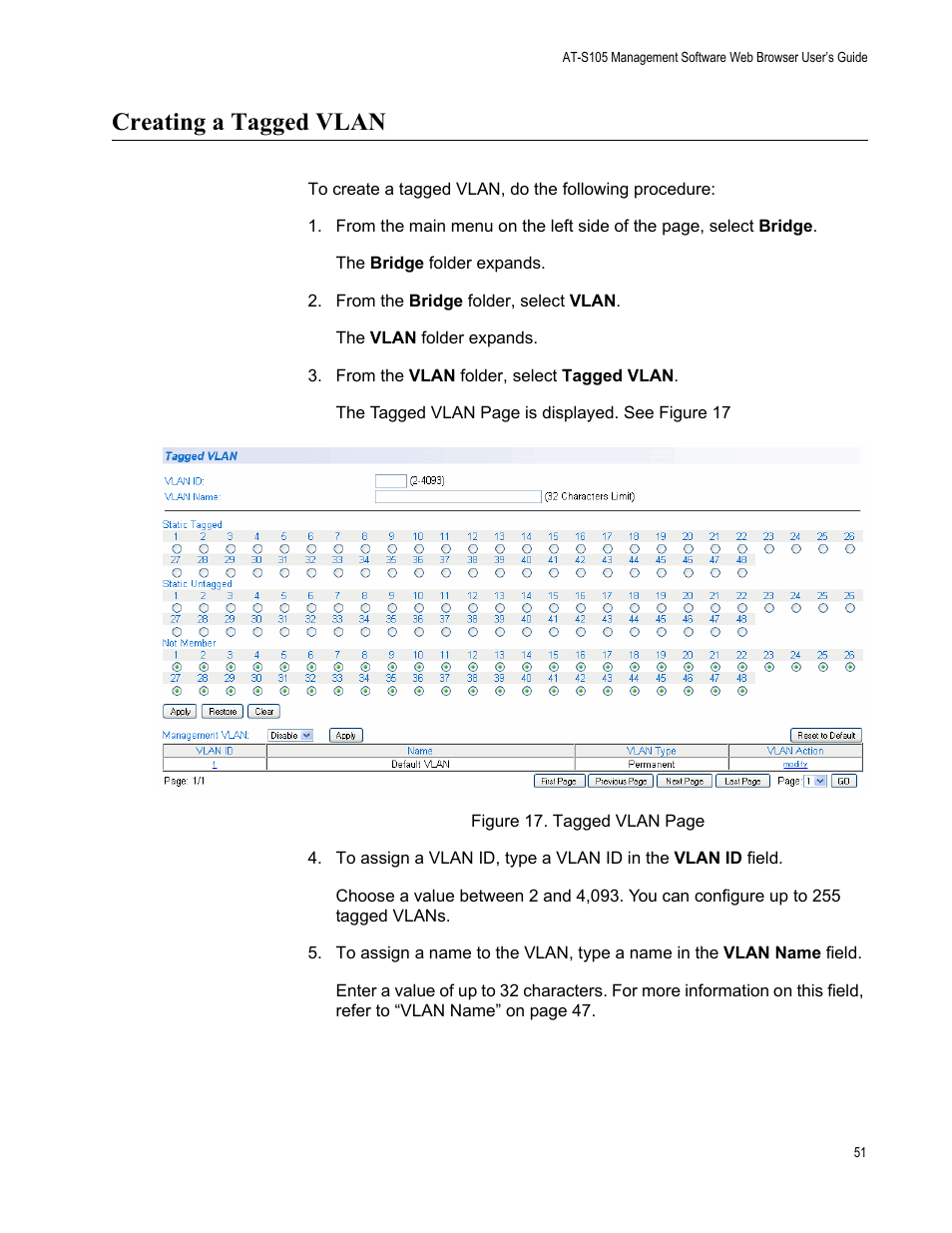 Creating a tagged vlan | Allied Telesis AT-S105 User Manual | Page 51 / 234