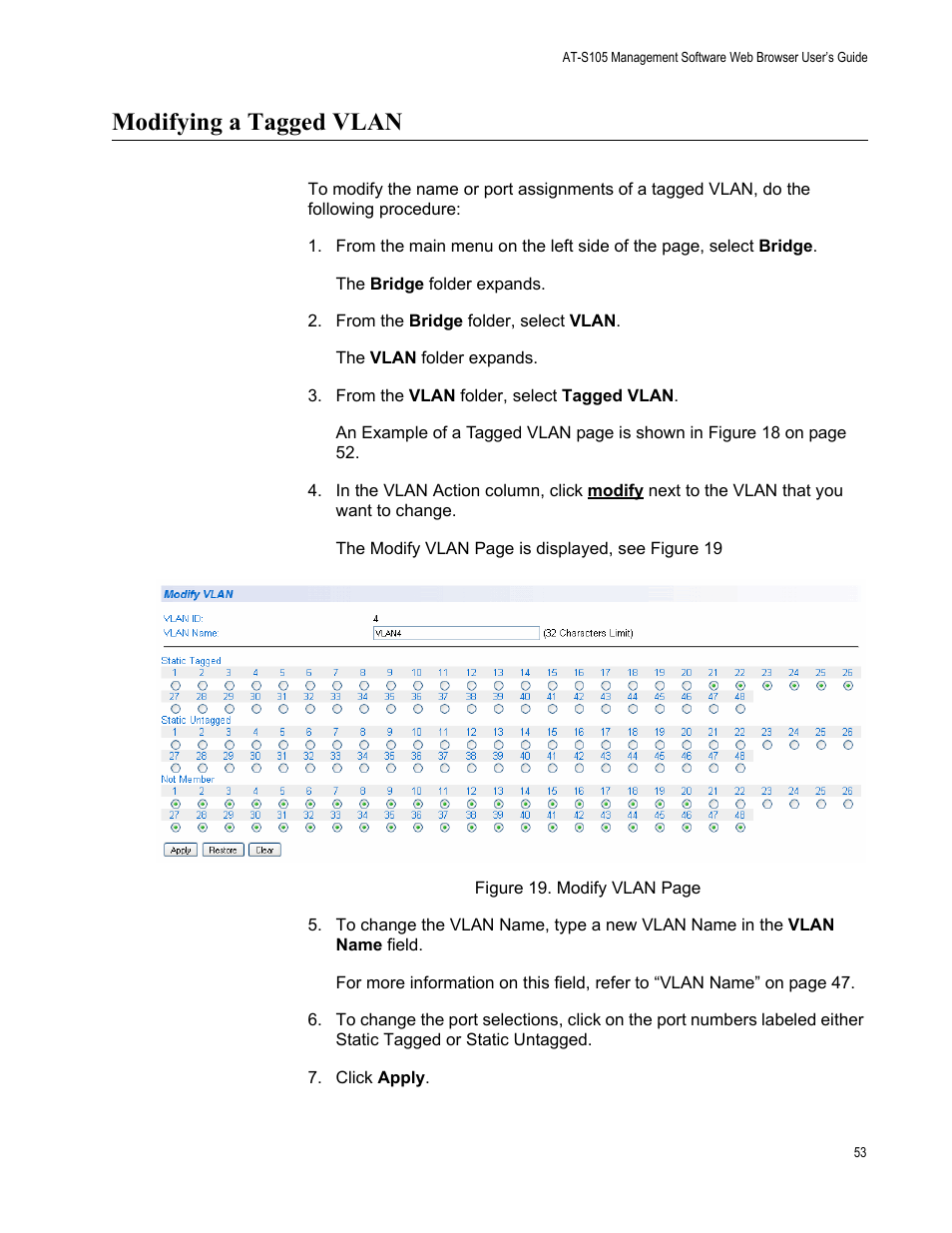 Modifying a tagged vlan | Allied Telesis AT-S105 User Manual | Page 53 / 234