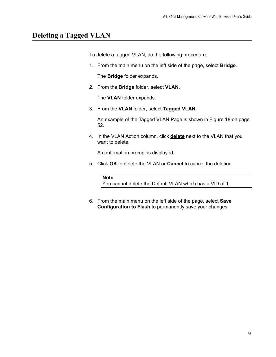 Deleting a tagged vlan | Allied Telesis AT-S105 User Manual | Page 55 / 234