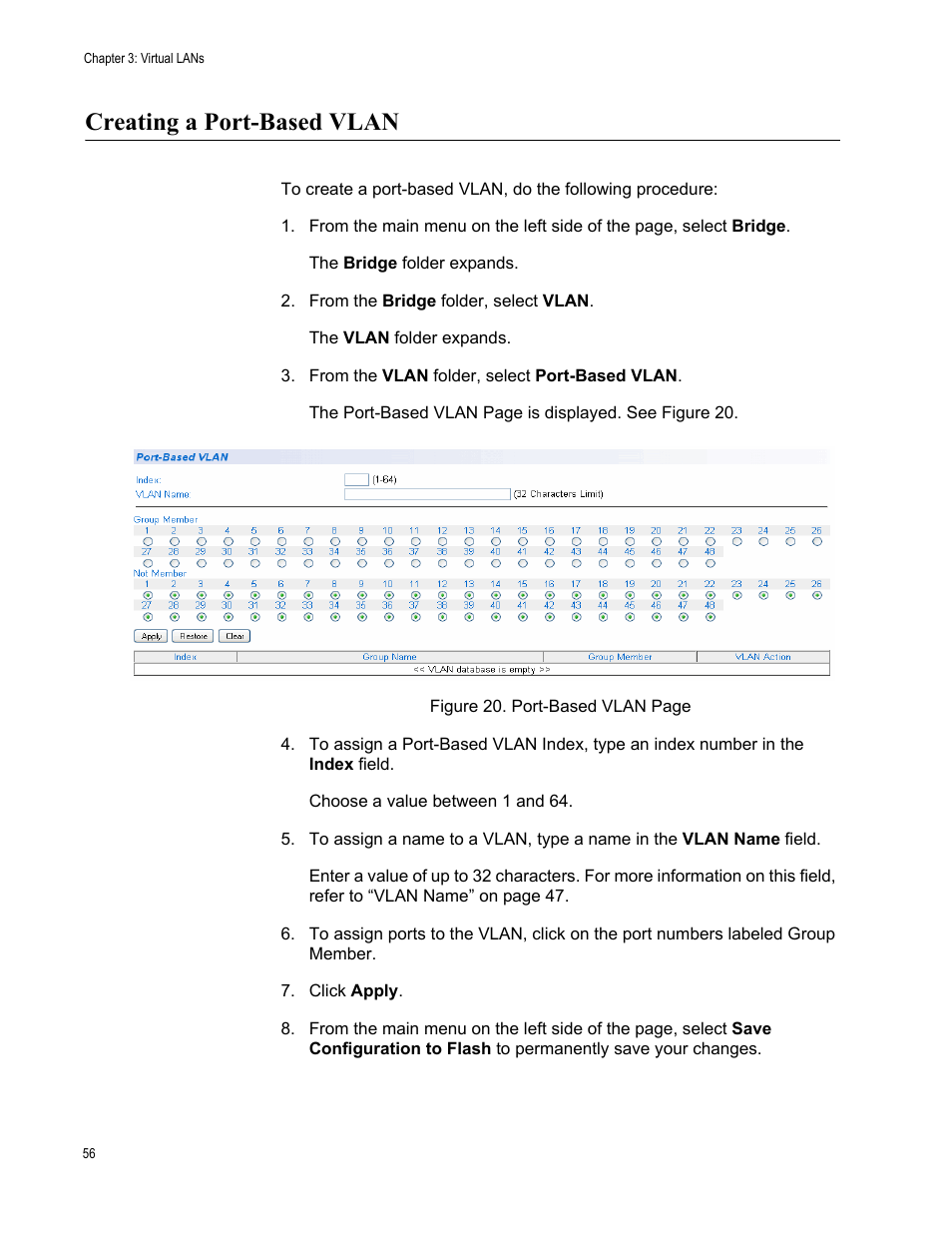 Creating a port-based vlan | Allied Telesis AT-S105 User Manual | Page 56 / 234