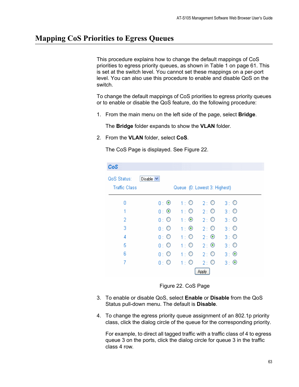 Mapping cos priorities to egress queues | Allied Telesis AT-S105 User Manual | Page 63 / 234