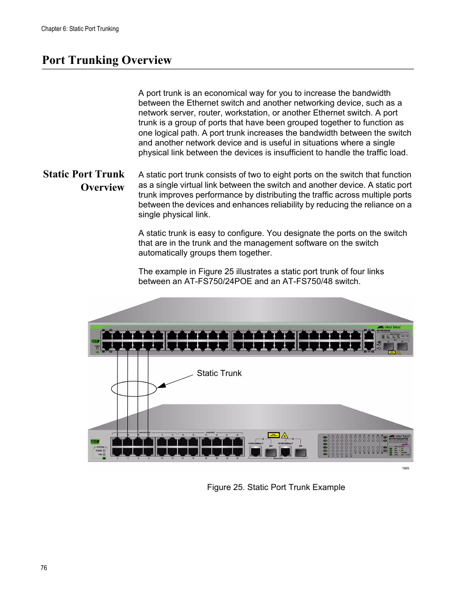Port trunking overview, Static port trunk overview, Figure 25. static port trunk example | Allied Telesis AT-S105 User Manual | Page 76 / 234