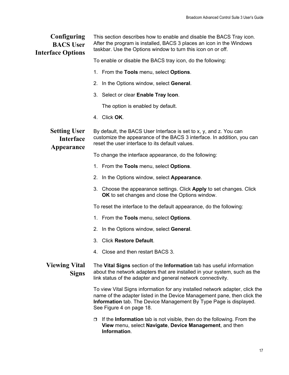 Configuring bacs user interface options, Setting user interface appearance, Viewing vital signs | Allied Telesis Broadcom Advanced Control Suite 3 User Manual | Page 17 / 80