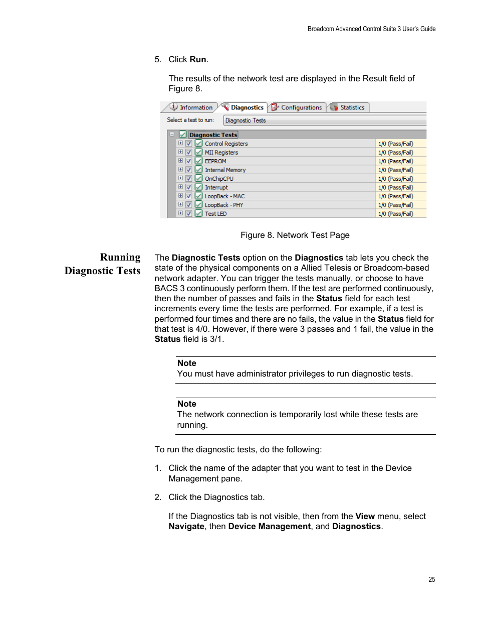 Running diagnostic tests | Allied Telesis Broadcom Advanced Control Suite 3 User Manual | Page 25 / 80