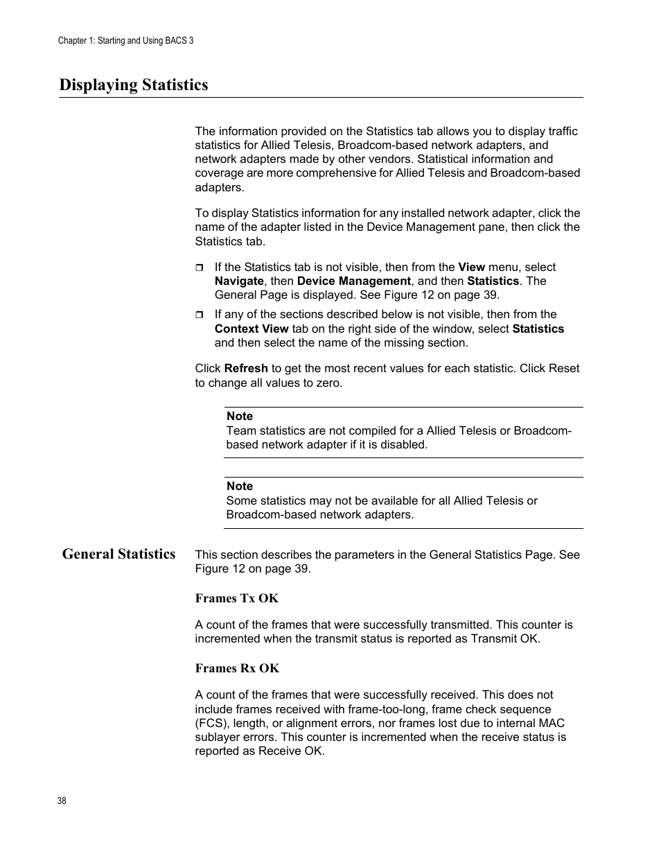 Displaying statistics, General statistics | Allied Telesis Broadcom Advanced Control Suite 3 User Manual | Page 38 / 80