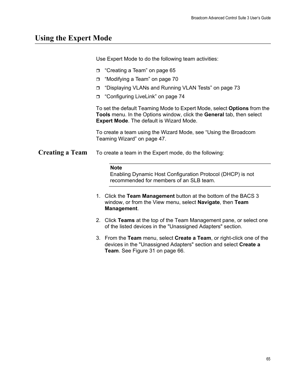 Using the expert mode, Creating a team | Allied Telesis Broadcom Advanced Control Suite 3 User Manual | Page 65 / 80