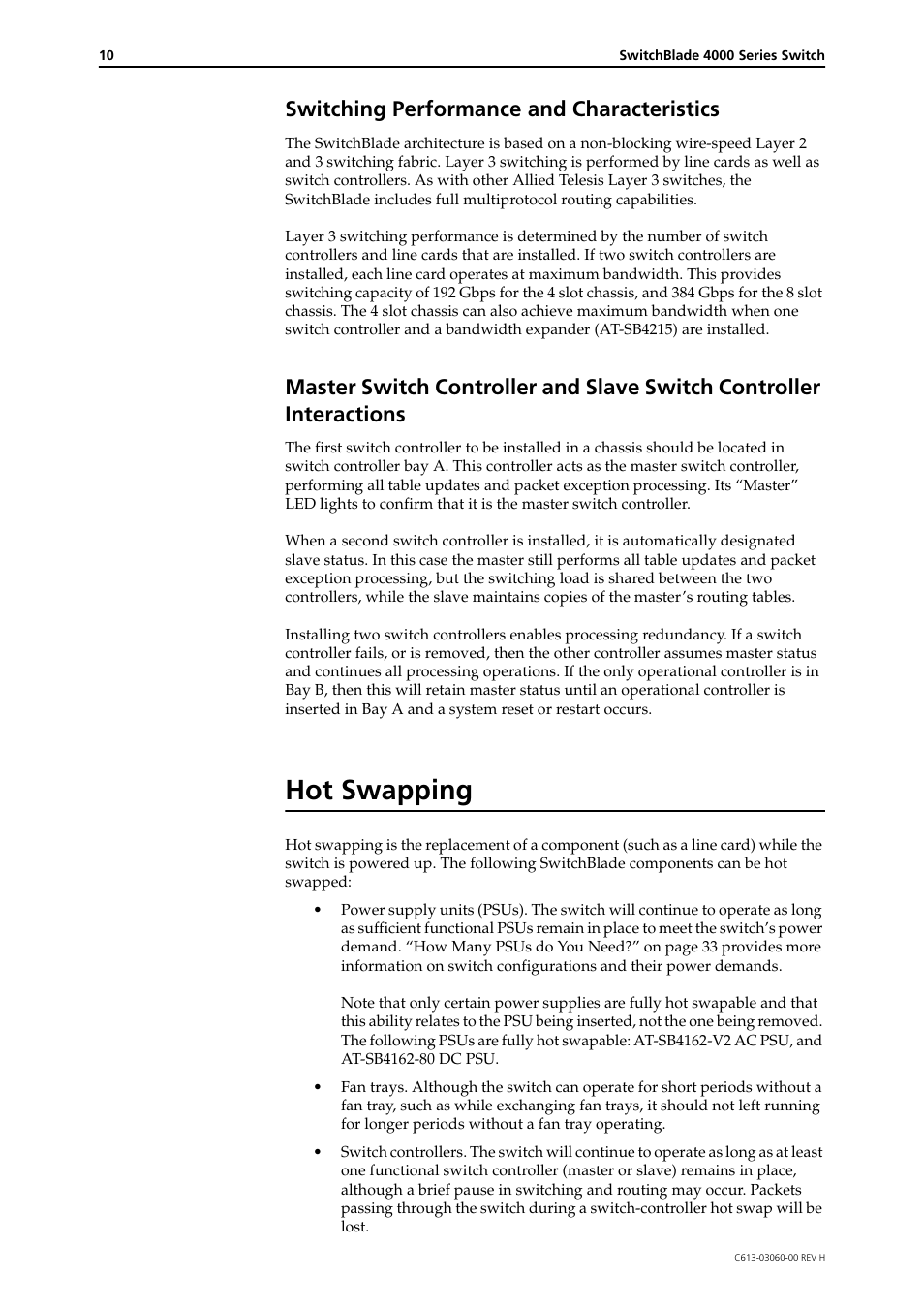 Switching performance and characteristics, Hot swapping | Allied Telesis SwitchBlade 4000 Series Switch Hardware Reference User Manual | Page 10 / 64