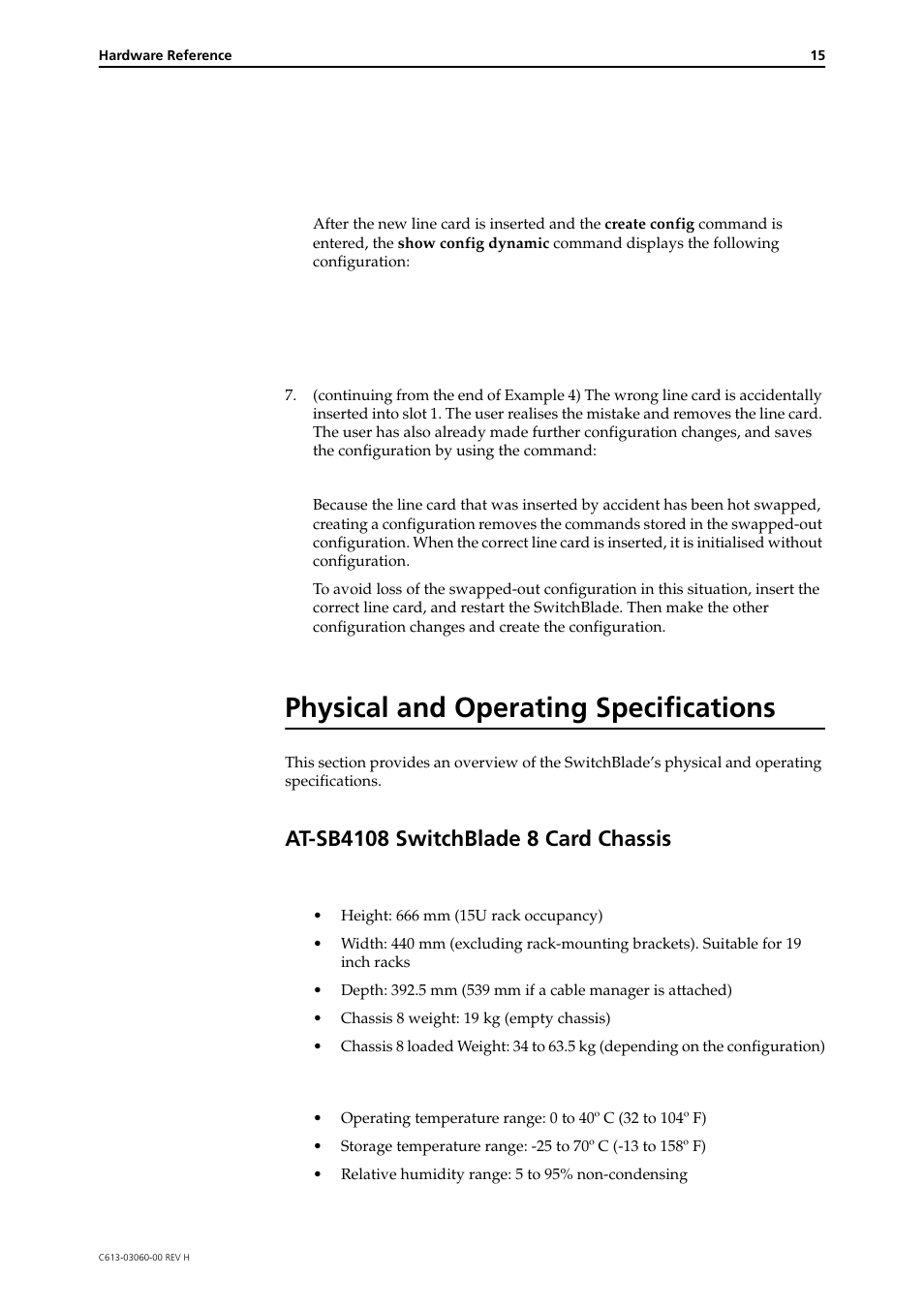 Physical and operating specifications, At-sb4108 switchblade 8 card chassis, Dimensions | Environmental conditions | Allied Telesis SwitchBlade 4000 Series Switch Hardware Reference User Manual | Page 15 / 64