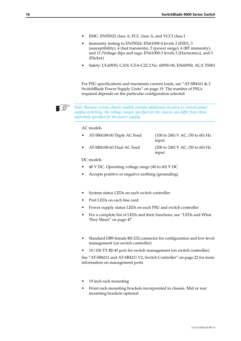Regulatory standards, Power supply options, Leds | Mounting system | Allied Telesis SwitchBlade 4000 Series Switch Hardware Reference User Manual | Page 16 / 64
