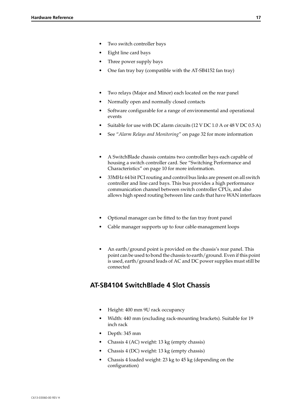 At-sb4104 switchblade 4 slot chassis, Expansion bays, Alarm relays | Backplane links and bus connections, Cable management system, Earth/ground point, Dimensions | Allied Telesis SwitchBlade 4000 Series Switch Hardware Reference User Manual | Page 17 / 64