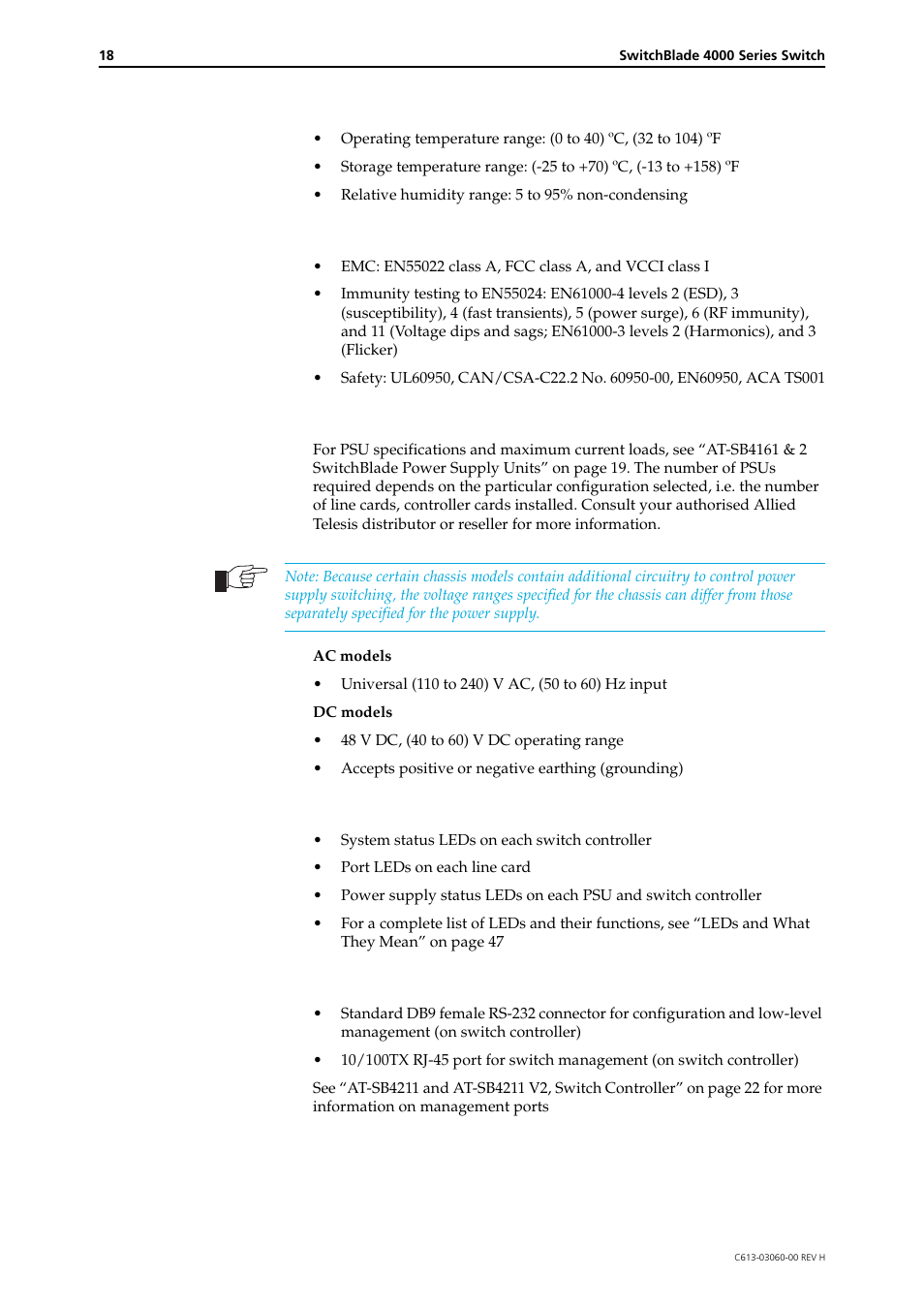 Environmental conditions, Regulatory standards, Power supply options | Leds | Allied Telesis SwitchBlade 4000 Series Switch Hardware Reference User Manual | Page 18 / 64