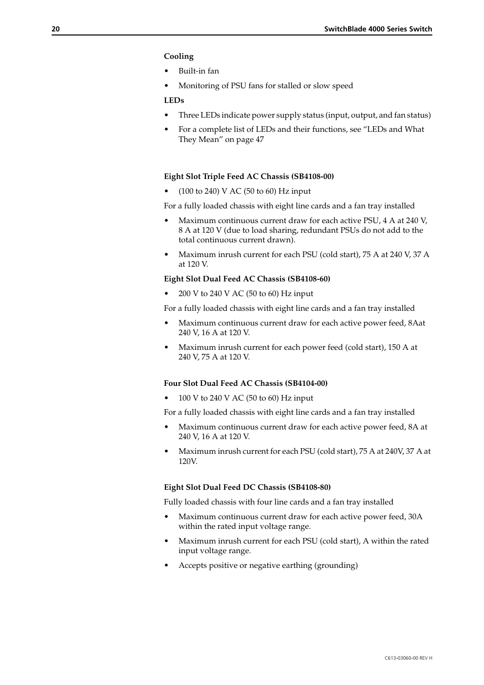 Electrical specifications per chassis type | Allied Telesis SwitchBlade 4000 Series Switch Hardware Reference User Manual | Page 20 / 64