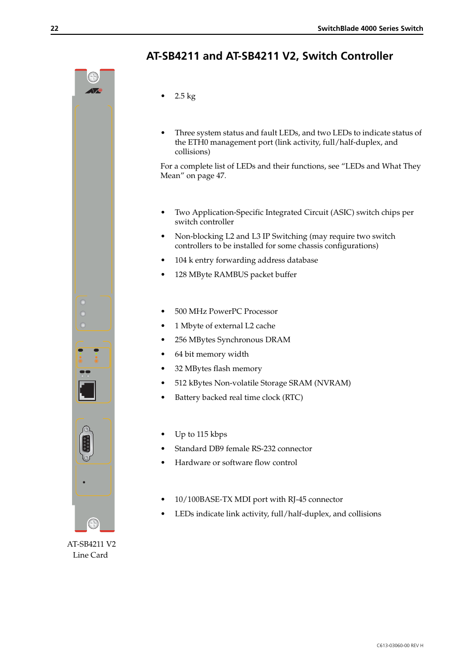 At-sb4211 and at-sb4211 v2, switch controller, See “at-sb4211 and at-sb4211 v2, switch controller, Weight | Leds, Switching core, Processing core, Asynchronous serial configuration port | Allied Telesis SwitchBlade 4000 Series Switch Hardware Reference User Manual | Page 22 / 64