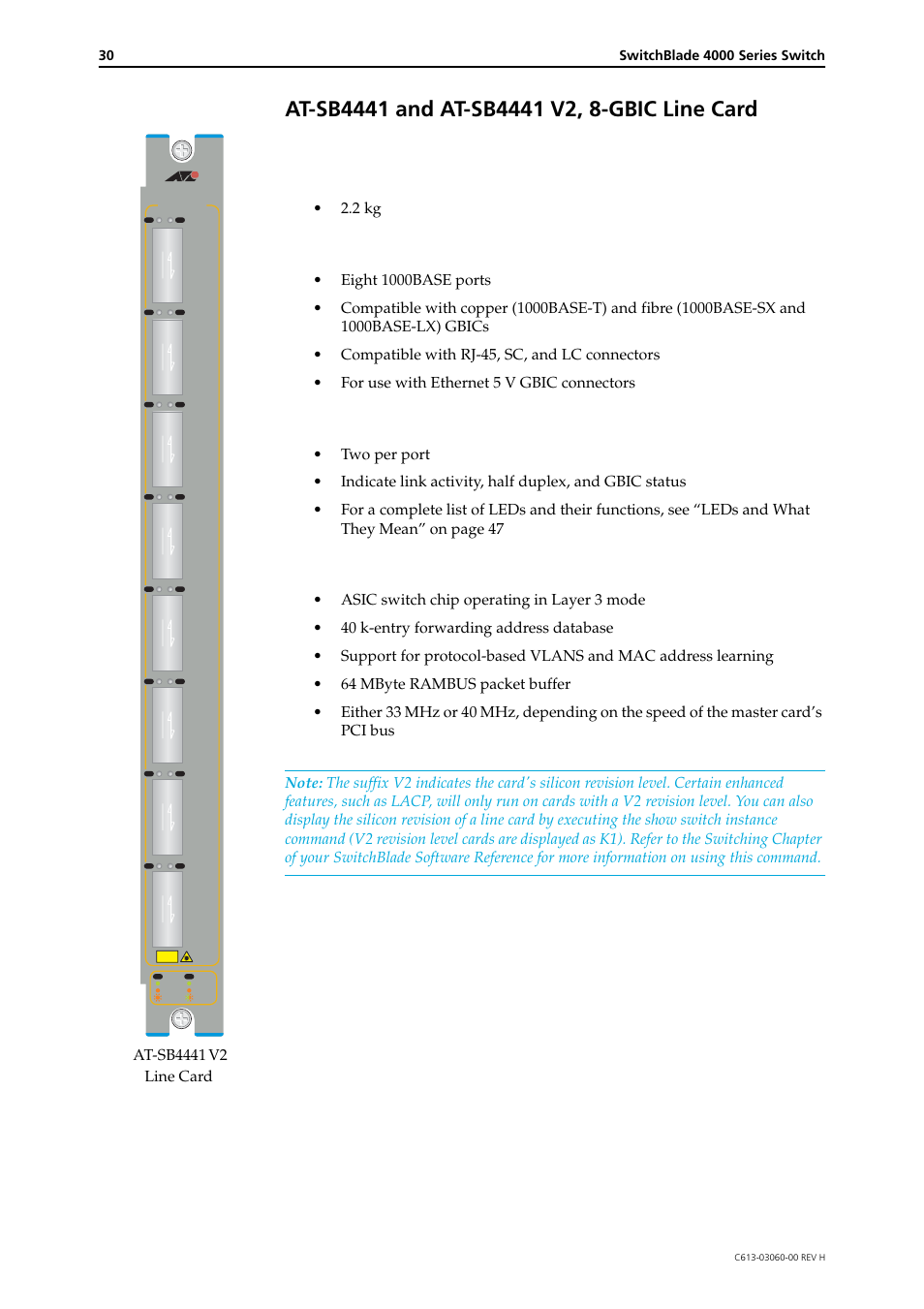 At-sb4441 and at-sb4441 v2, 8-gbic line card, Weight, Ports | Leds, Switching, 2 kg | Allied Telesis SwitchBlade 4000 Series Switch Hardware Reference User Manual | Page 30 / 64