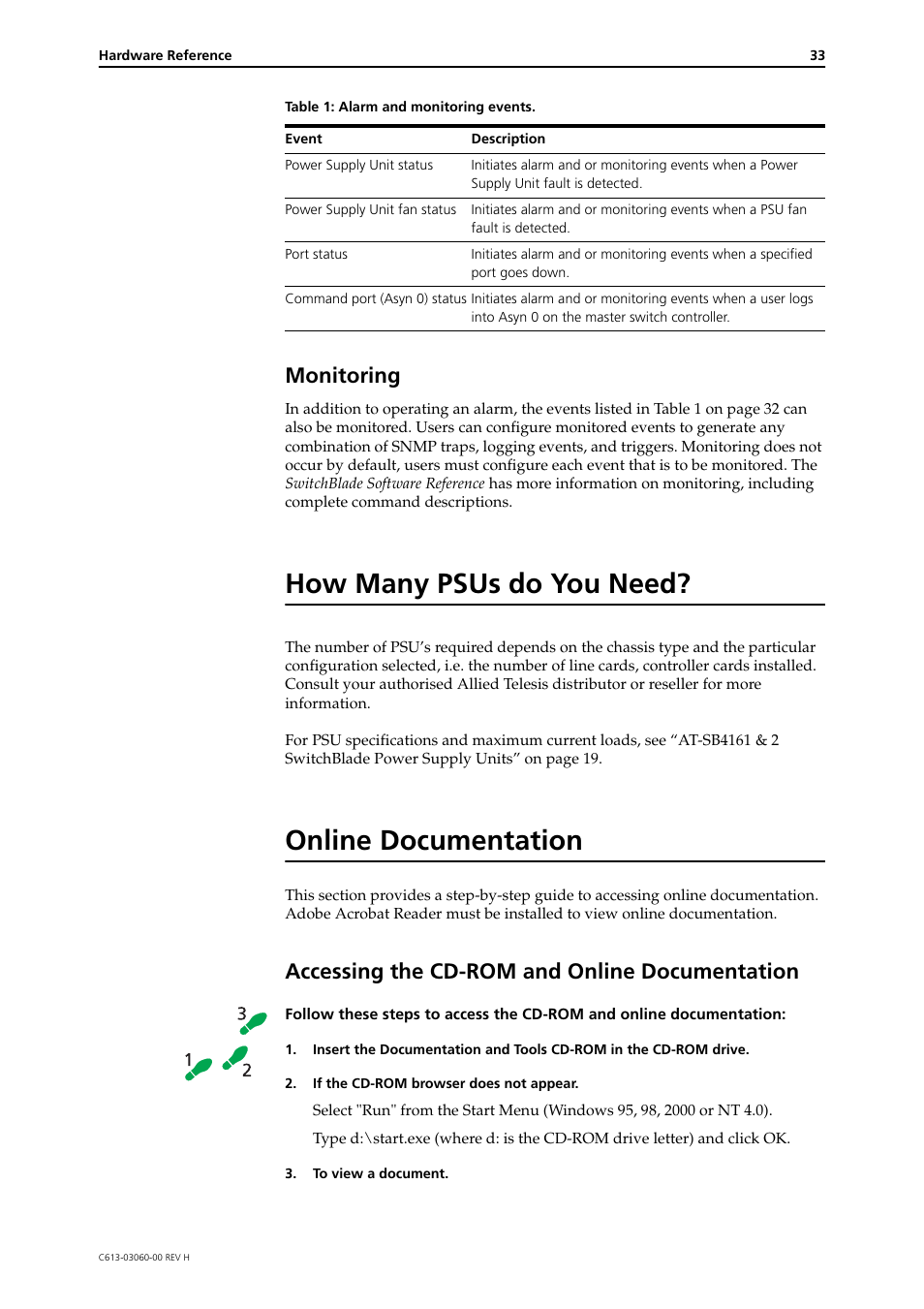 Monitoring, How many psus do you need, Online documentation | Accessing the cd-rom and online documentation, How many psus do you need? online documentation | Allied Telesis SwitchBlade 4000 Series Switch Hardware Reference User Manual | Page 33 / 64