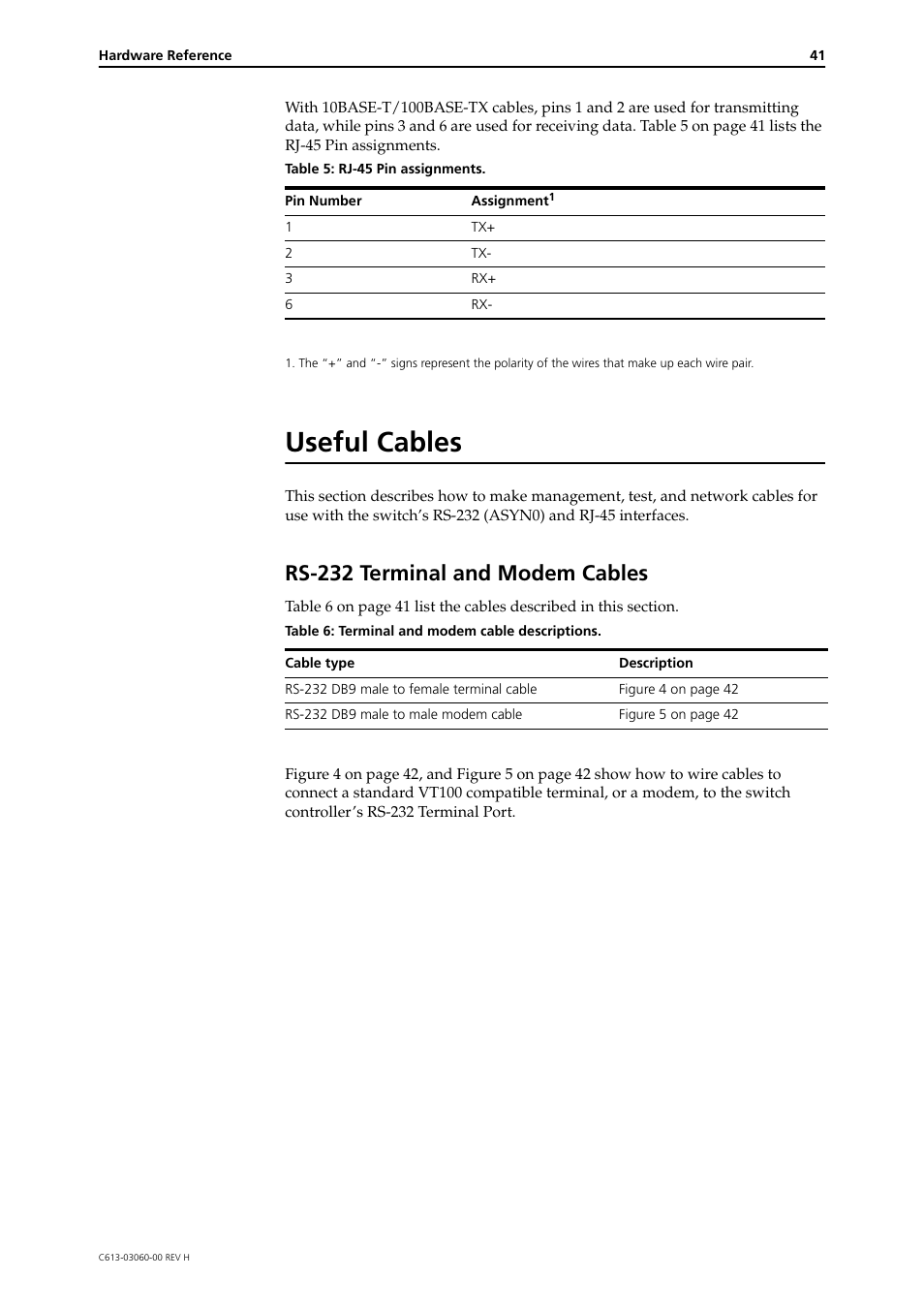 Useful cables, Rs-232 terminal and modem cables | Allied Telesis SwitchBlade 4000 Series Switch Hardware Reference User Manual | Page 41 / 64
