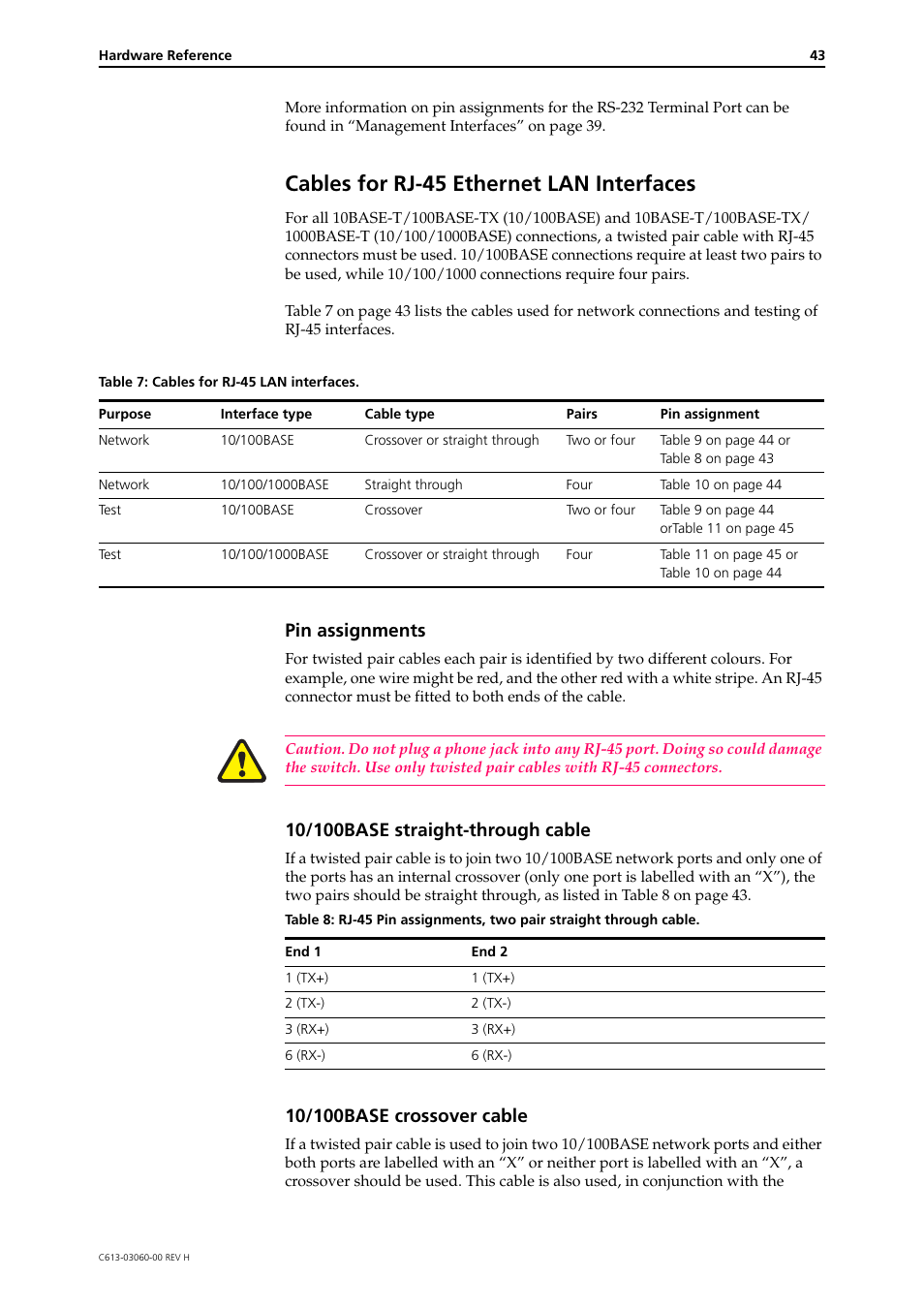 Cables for rj-45 ethernet lan interfaces, Pin assignments | Allied Telesis SwitchBlade 4000 Series Switch Hardware Reference User Manual | Page 43 / 64