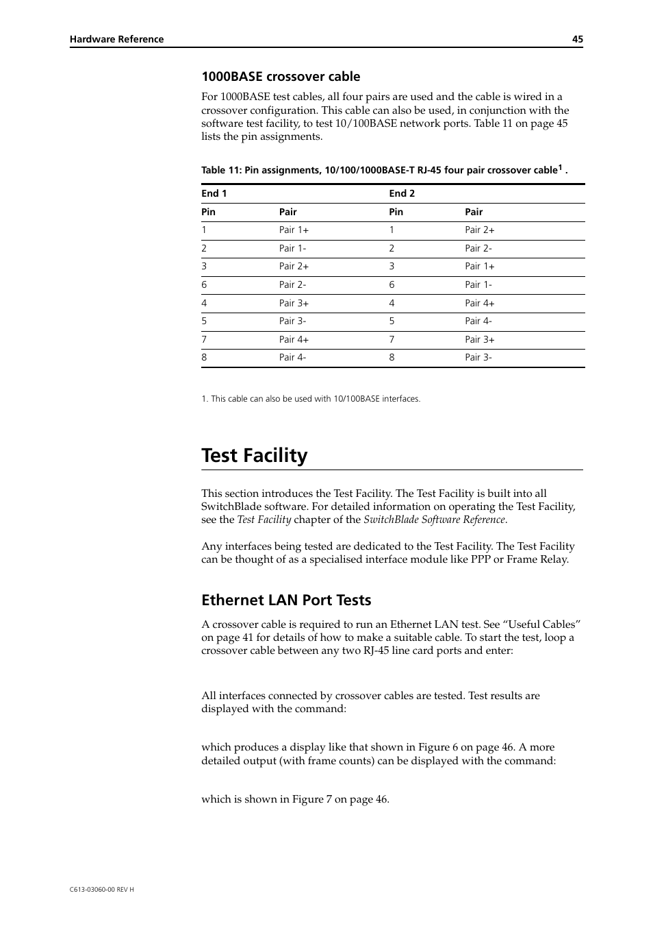 Test facility, Ethernet lan port tests, 1000base crossover cable | Allied Telesis SwitchBlade 4000 Series Switch Hardware Reference User Manual | Page 45 / 64