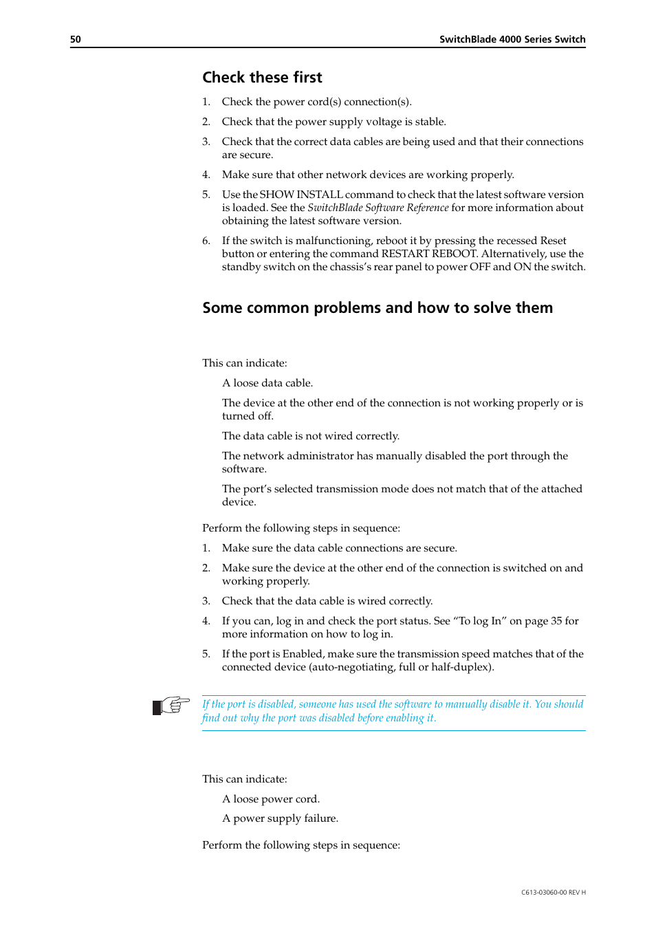 Check these first, Some common problems and how to solve them, Link/activity led on any port is off | Power led is off | Allied Telesis SwitchBlade 4000 Series Switch Hardware Reference User Manual | Page 50 / 64
