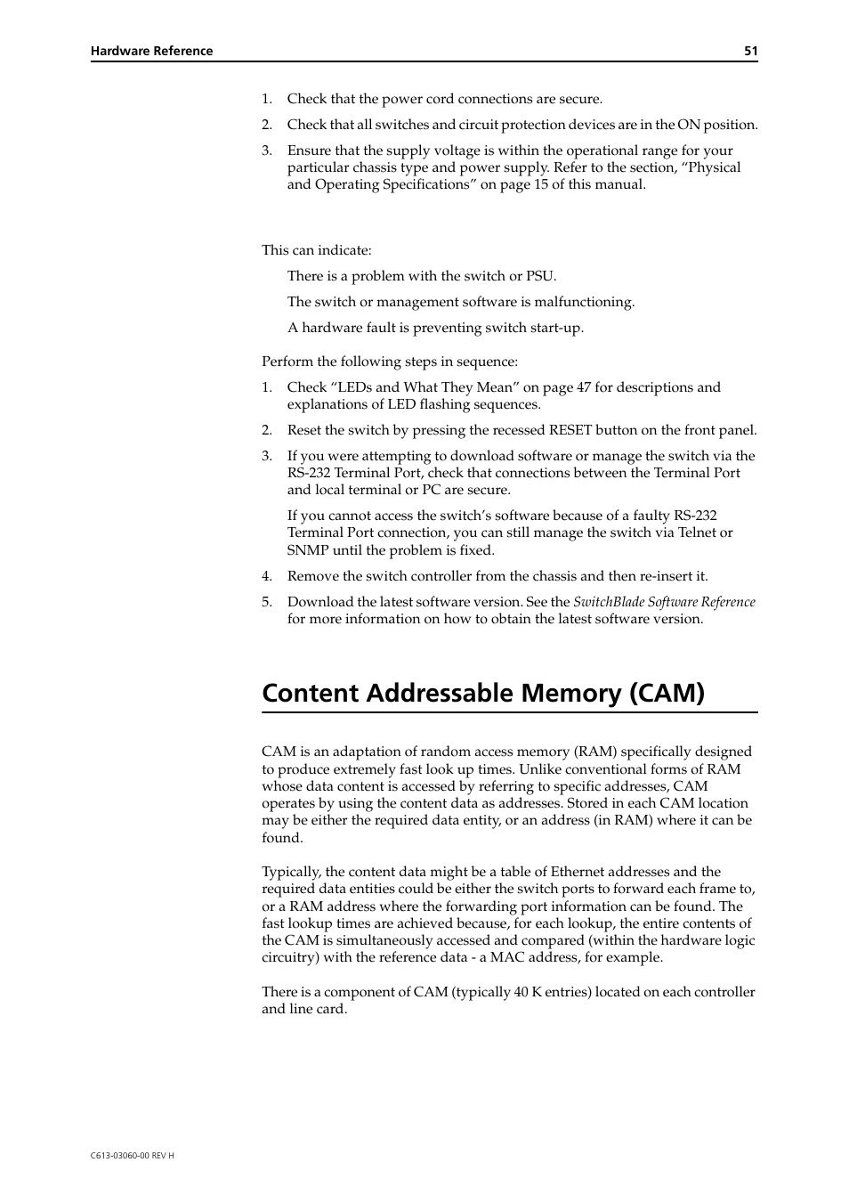 Content addressable memory (cam), Fault led is on | Allied Telesis SwitchBlade 4000 Series Switch Hardware Reference User Manual | Page 51 / 64