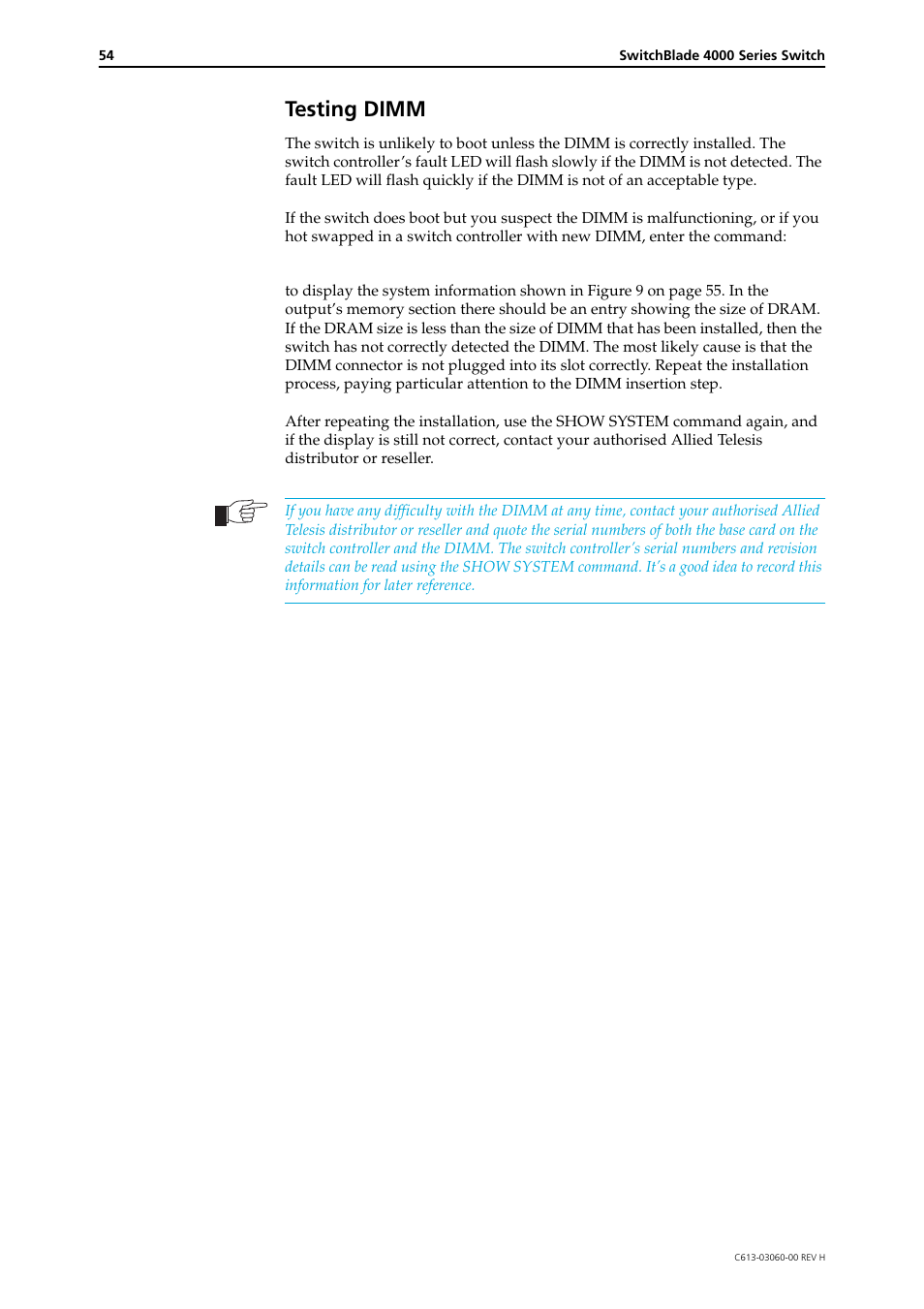 Testing dimm | Allied Telesis SwitchBlade 4000 Series Switch Hardware Reference User Manual | Page 54 / 64