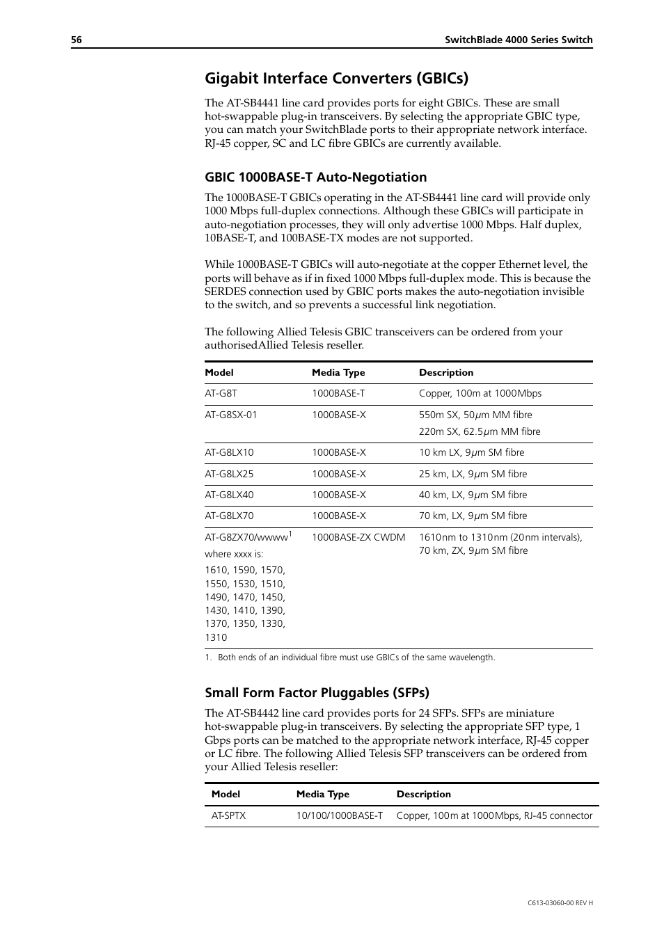 Gigabit interface converters (gbics), Gbic 1000base-t auto-negotiation, Small form factor pluggables (sfps) | Allied Telesis SwitchBlade 4000 Series Switch Hardware Reference User Manual | Page 56 / 64