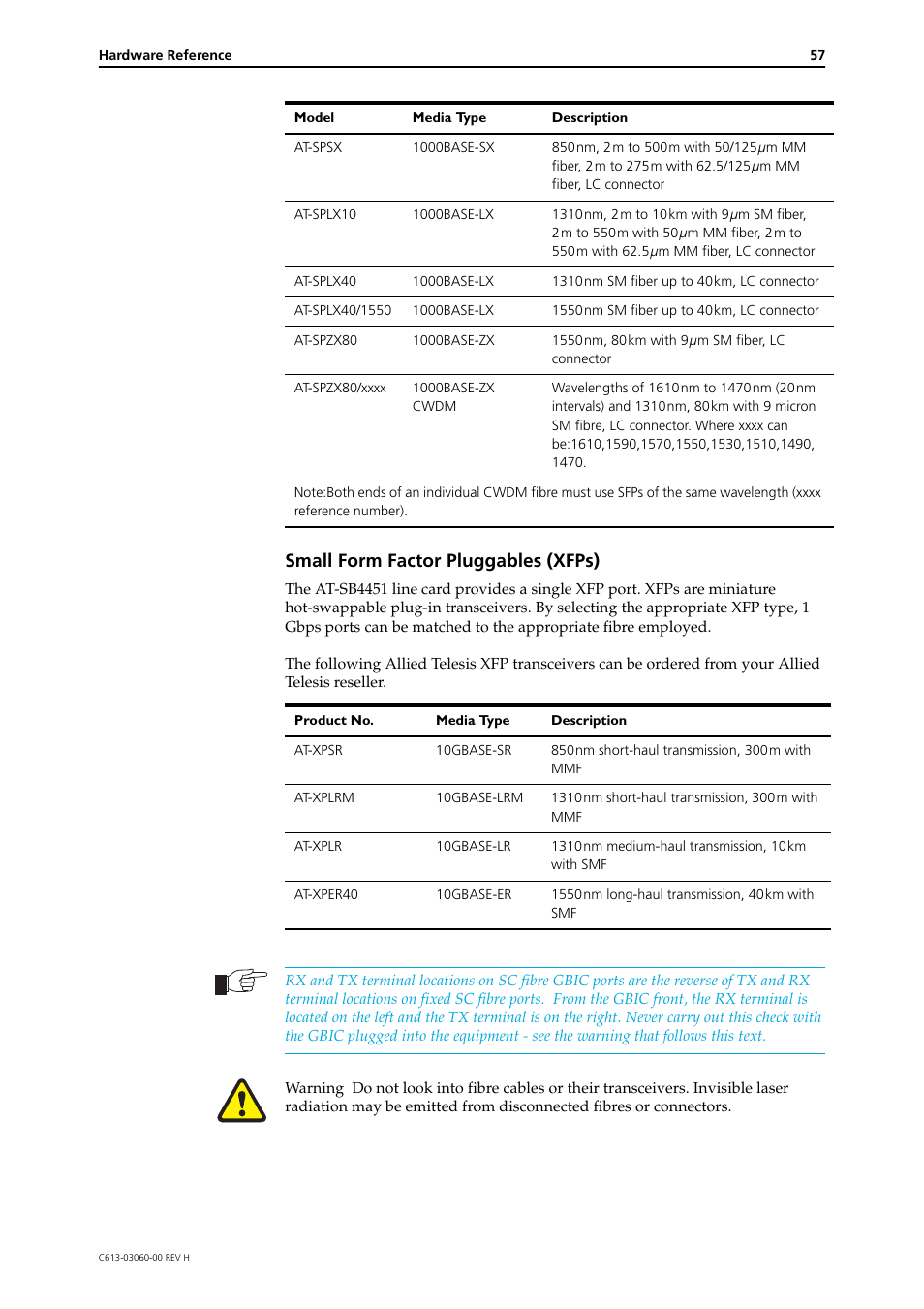 Small form factor pluggables (xfps) | Allied Telesis SwitchBlade 4000 Series Switch Hardware Reference User Manual | Page 57 / 64