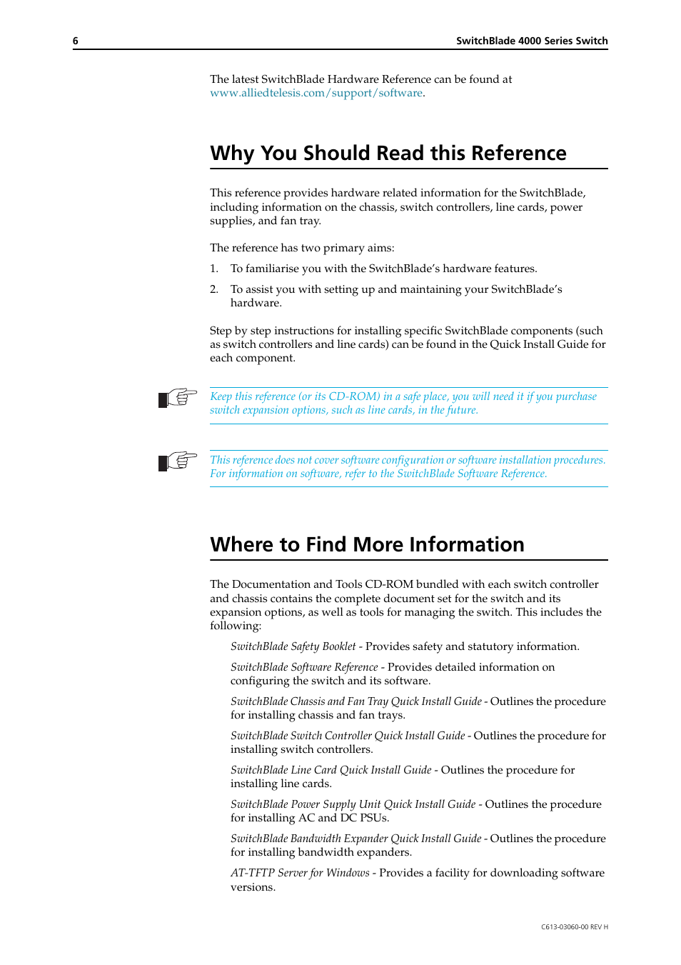 Why you should read this reference, Where to find more information | Allied Telesis SwitchBlade 4000 Series Switch Hardware Reference User Manual | Page 6 / 64