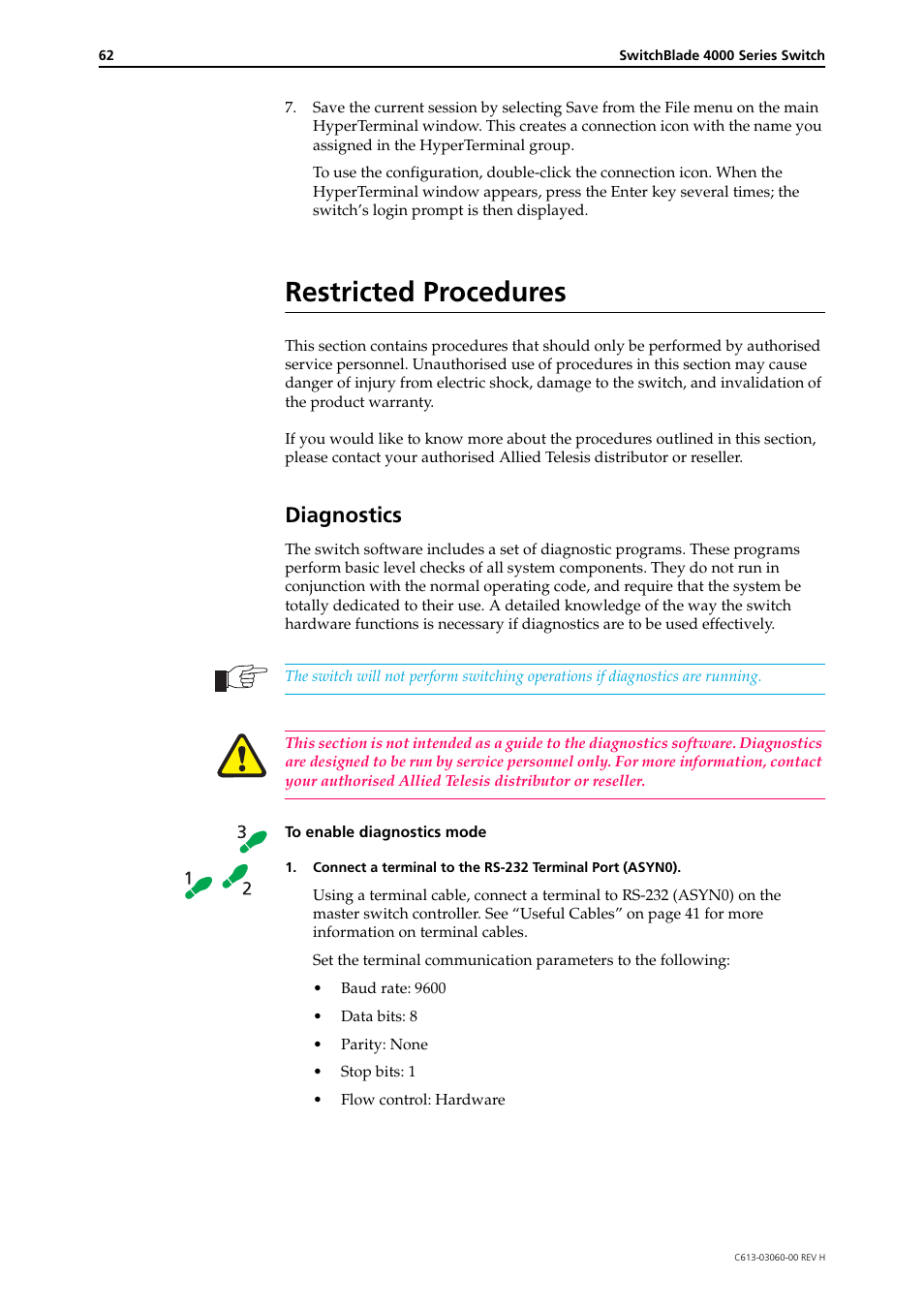 Restricted procedures, Diagnostics | Allied Telesis SwitchBlade 4000 Series Switch Hardware Reference User Manual | Page 62 / 64