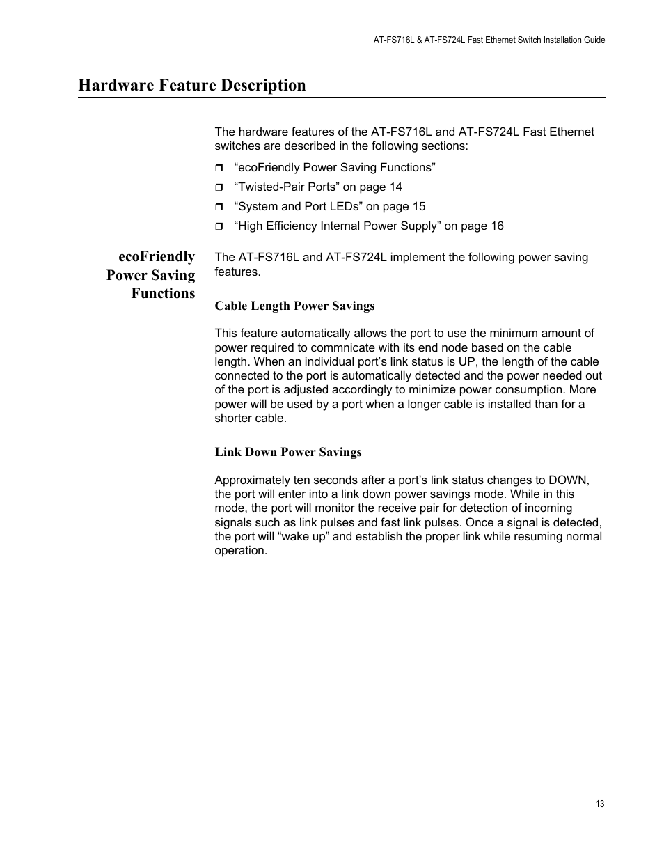 Hardware feature description, Ecofriendly power saving functions | Allied Telesis AT-FS724L User Manual | Page 13 / 41