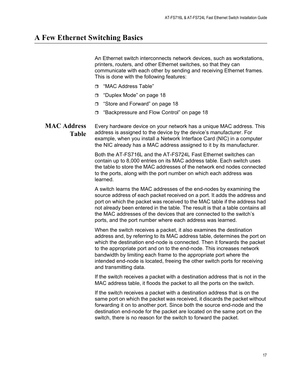 A few ethernet switching basics, Mac address table | Allied Telesis AT-FS724L User Manual | Page 17 / 41