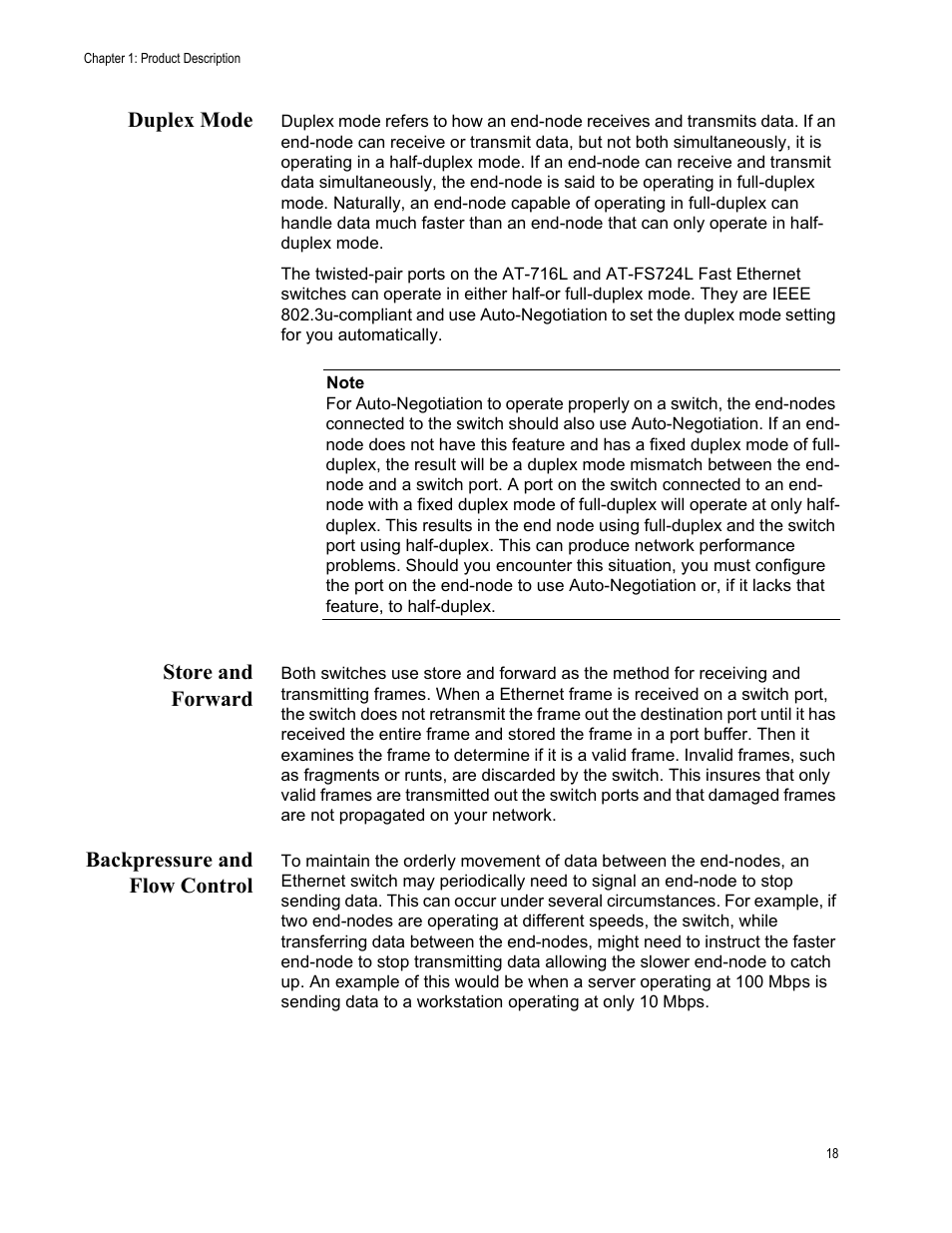 Duplex mode, Store and forward, Backpressure and flow control | Allied Telesis AT-FS724L User Manual | Page 18 / 41