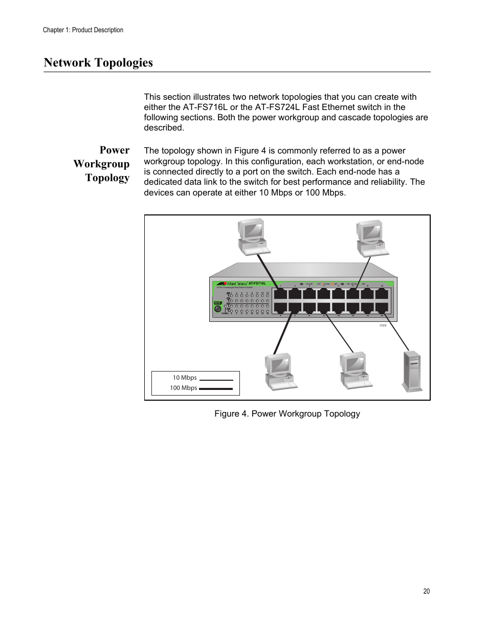 Network topologies, Power workgroup topology, Chapter 1: product description 20 | Allied Telesis AT-FS724L User Manual | Page 20 / 41
