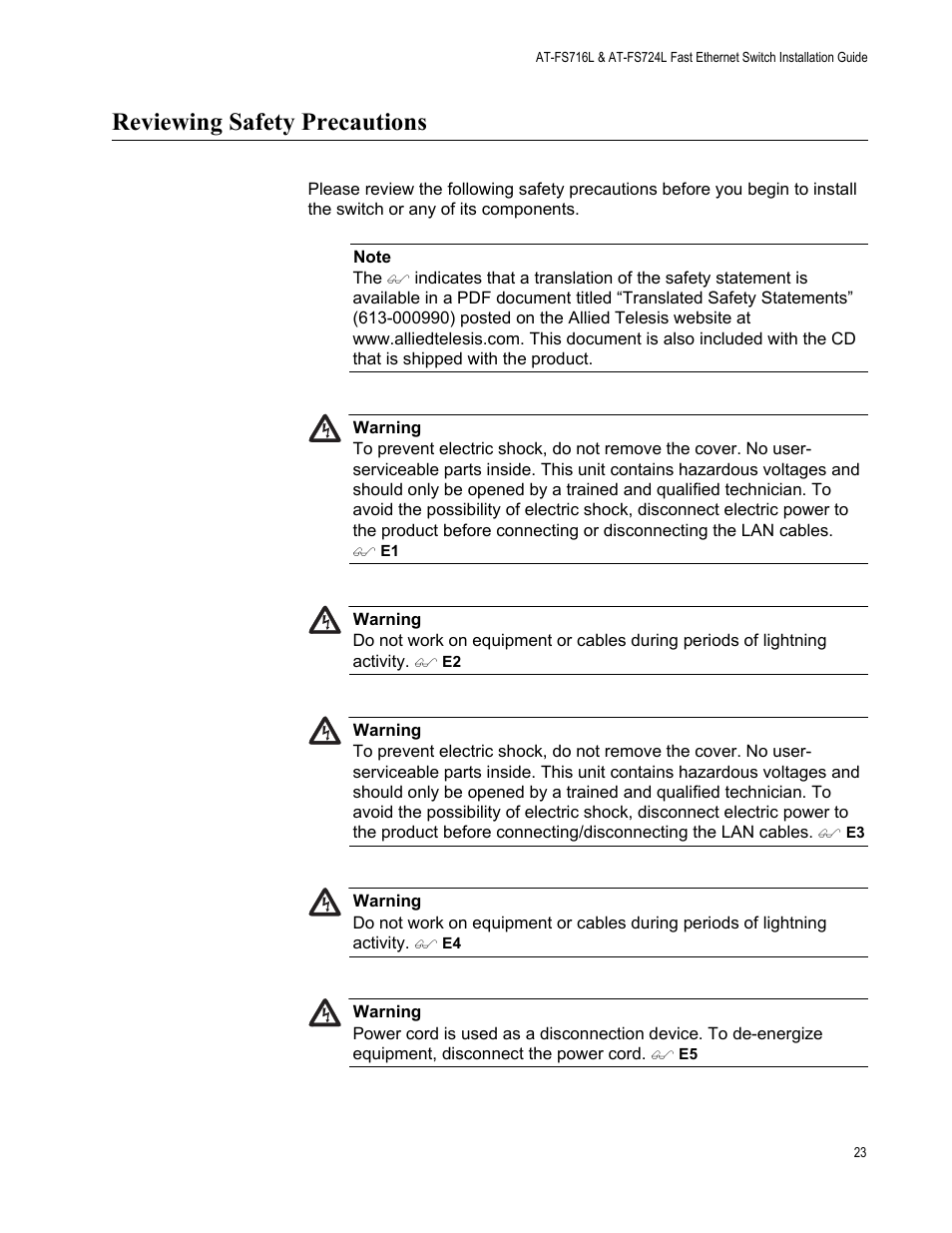 Reviewing safety precautions | Allied Telesis AT-FS724L User Manual | Page 23 / 41