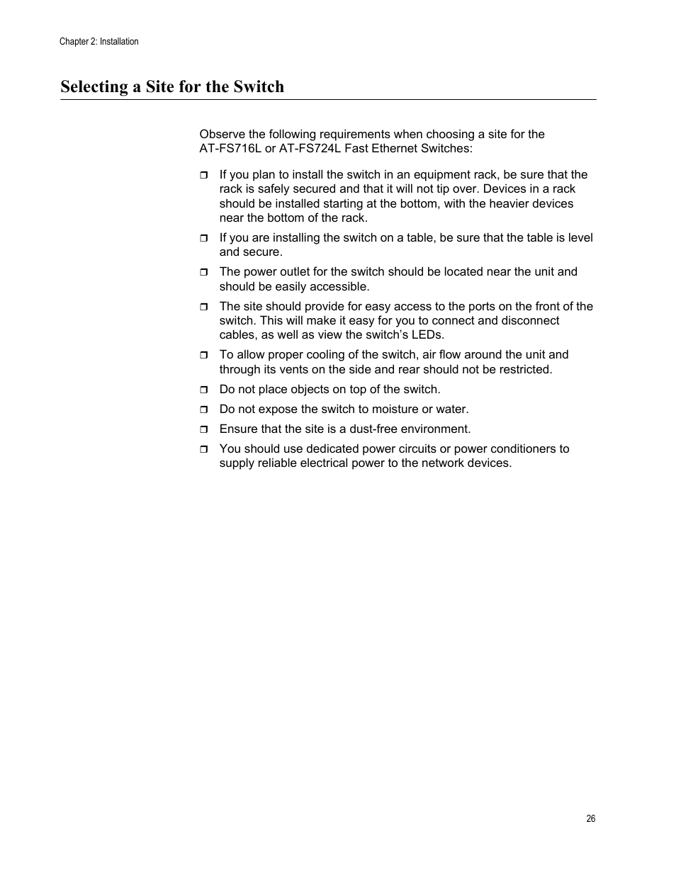 Selecting a site for the switch | Allied Telesis AT-FS724L User Manual | Page 26 / 41