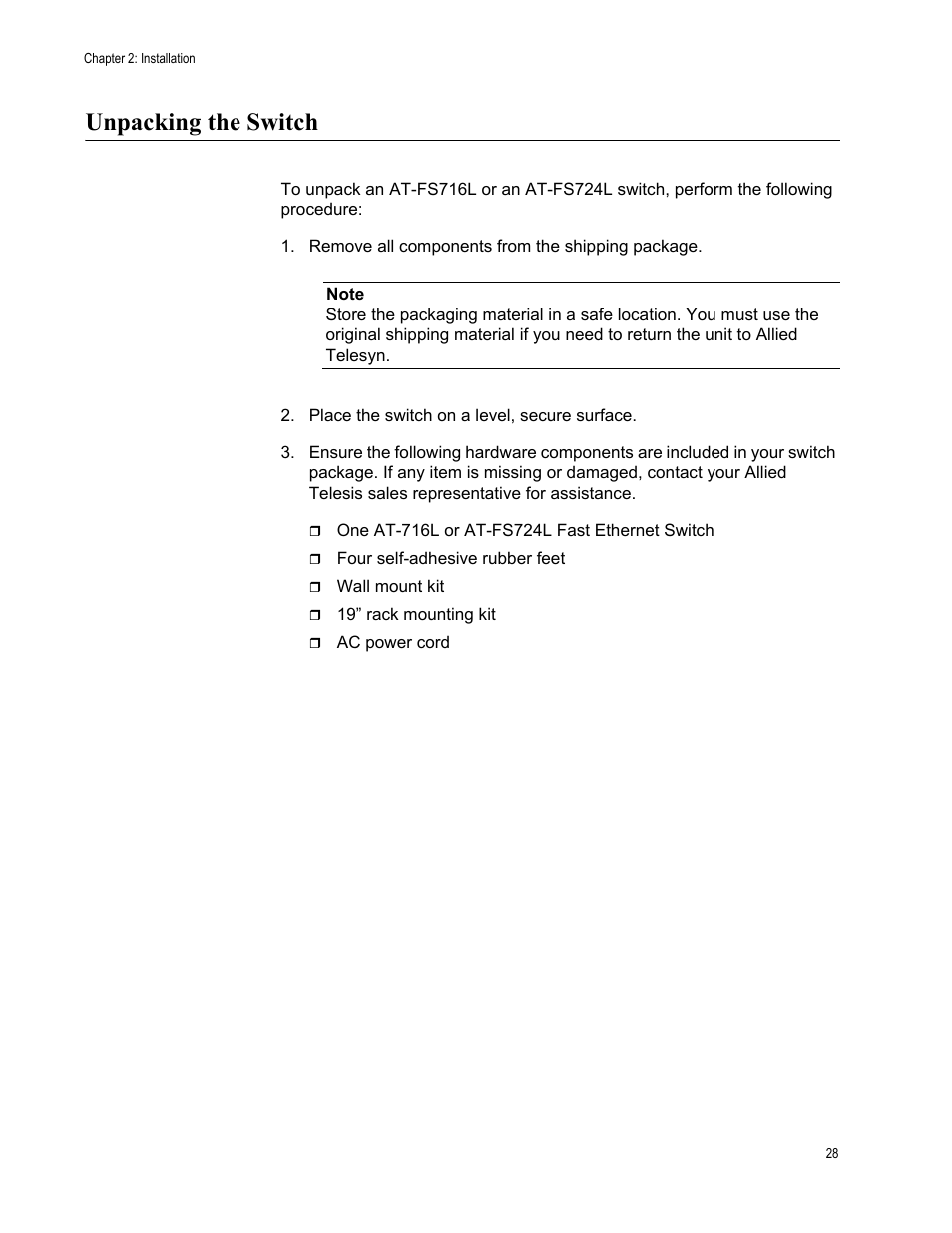 Unpacking the switch | Allied Telesis AT-FS724L User Manual | Page 28 / 41