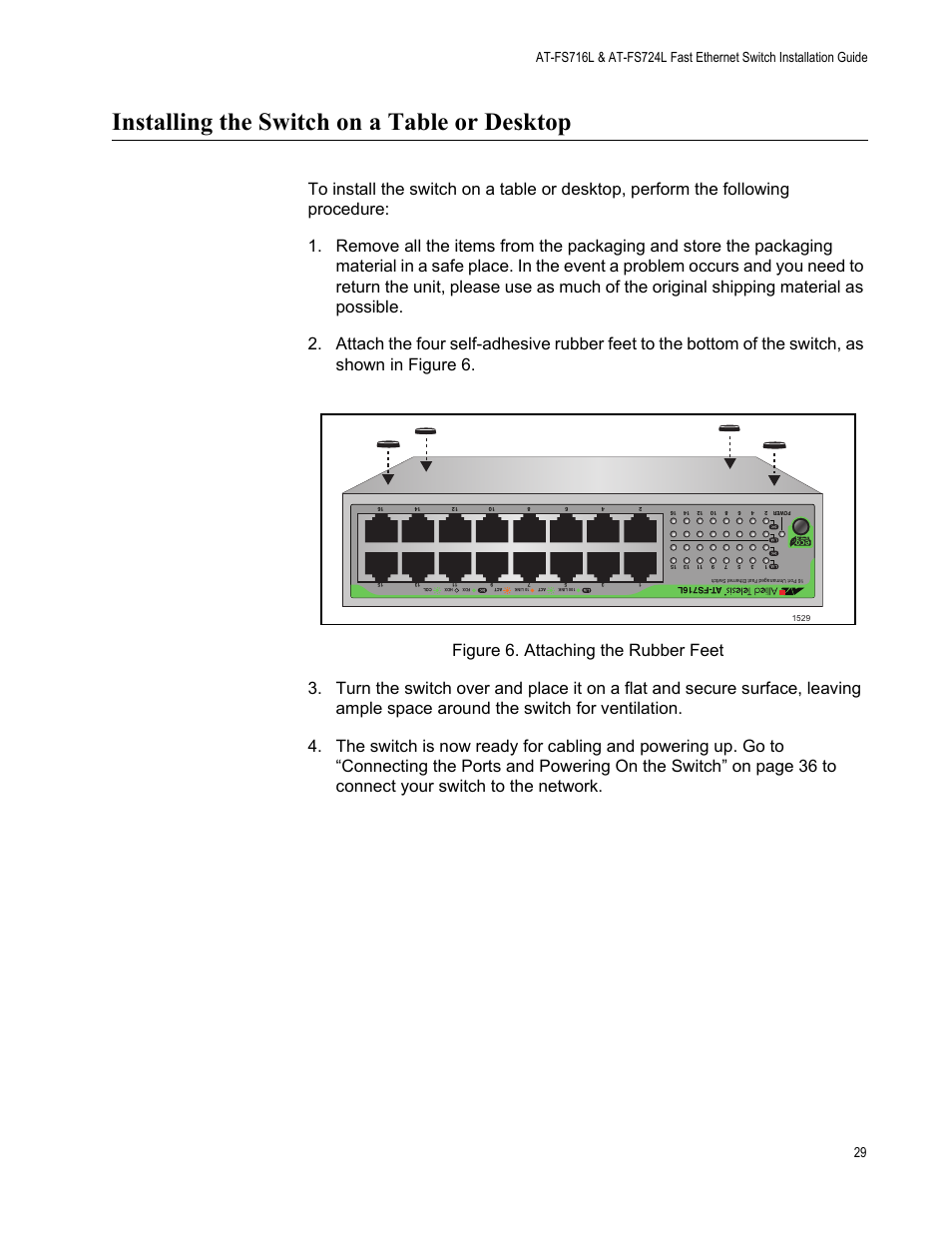 Installing the switch on a table or desktop | Allied Telesis AT-FS724L User Manual | Page 29 / 41